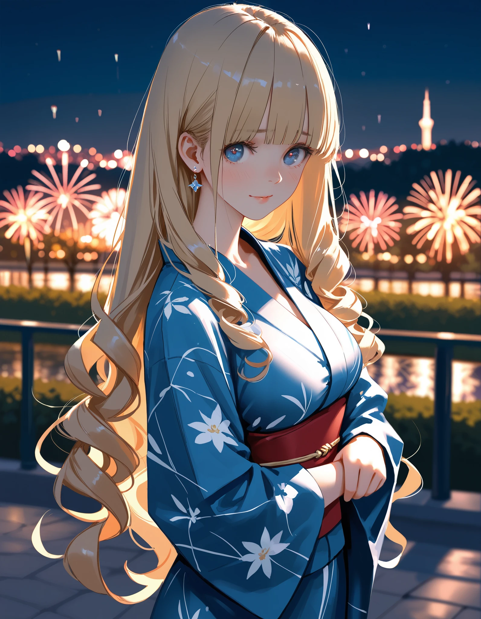 masterpiece,ultra-detailed CG illustration,top quality, best quality, (wlop:0.8),(Hanekoto:0.4), 1girl, solo,blunt bangs, curly hair, very long hair, elegance,light blonde hair,blue eyes,large breasts,(pale skin:0.7), gentle smile, night,park,kimono,innocent,fireworks, blurry background, depth of field, foreshortening, shy, looking at viewer