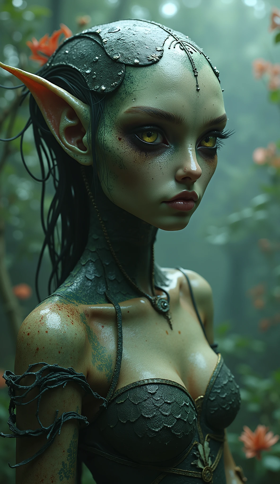cute and sexy goblin girl, short body, black hair, green eyes, green skin, choker, small breasts, serious face, dark forest background, dark sky background, moon light, face close up, octane render, rendered by unreal engine, semi-realistic stylized render, digital media artwork
