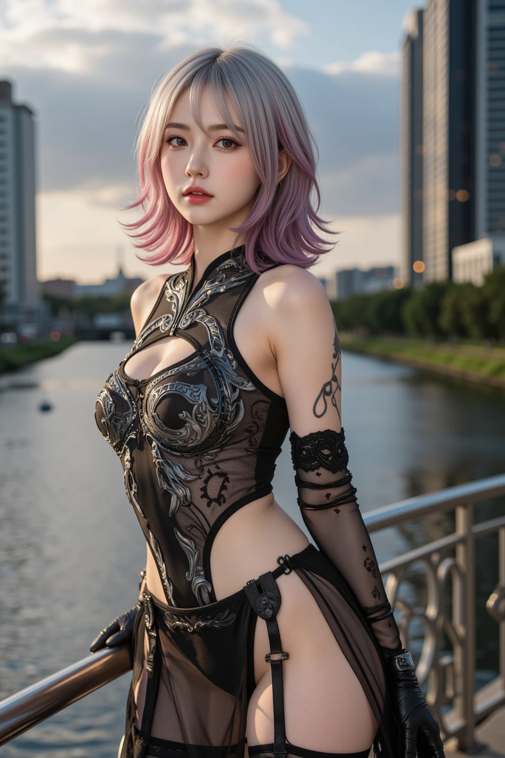 (8K, top-quality, masterpiece:1.2), (reallistic, Photorealsitic:1.37), Super Detail, One girl, (Highly detailed), (beautifully detailed eyes), (of the highest quality), (super detailed), (masterpiece), (Detailed face), 20yr old, 1 girl, ((pink hair,long hair)), medium breasts, clothed, Perfect Lighting,(Deep Crimson Lace-Up Bodysuit: 1.5), (Highly Fitted Glossy Suit dresg: 1.5), (Lustrous: 1.5), (Wet-Look: 1.5), (Glossy Leather: 1.3), (Elegant Turtleneck Bodysuit: 1.5), (Leather Pants: 1.5), (Sensual Tight Silhouette: 1.4), (Metallic Belt: 1.2), (High-Heeled Boots: 1.4), BRAKE (upper body to knee:1.2), (pink long hair on left side, right side behind ear:1.3), (right hand on waist:1.5), (daytime cyber city scenery:1.3), silver light from left side、(uhd, masterpiece, anatomically correct, textured skin, super detail, best quality, highres, 8k, bloom, Front Light:1.2, Perfect dynamic composition), ((24-years-old, Cute and sexy Joan of Arc)), (Sexy Face, Long face, distant eyes, Gentle eyelids, Thin eyebrows, Gentle corners of the eyes, Hawk-like nose), (Gal Makeup:1.5), (eyeliner), (Completely captivates you), (Eyes that feel erotic), (A taste of beautiful eroticism), (Too cute beauty), (right blonde hair), (Long Hair, Curly Hair, french braid:1.4, bangs, Smooth Hair), ((Joan of Arc Costume:1.25)), ((High cut boots:1.0)), ((Exposed Armor:1.0)), ((サイハイブーツ:1.3)), ((Full Body Shot:0.8)), ((Shooting from below:1.2)), ((looking at the camera:1.4)), ((leaning forward))、((Slender))、(Thin)、((Soaking wet))、See-through jacket、(Panty shot)、(Nipple Covers)、(White panties)、(Knee-high)、(Grey pleated skirt)((Keiko Kitagawa:1.0)), ((ample bosom)), ((Cleavage)), ((Mont Saint-Michel:1.4)), ((A truly sword-like expression:1.4)), ((Beautiful night lakeside:1.6)), ((fighting stance:1.3)), ((high Ponytail:1.5)), ((inflammation:1.5)), ((sparks:1.5)), ((slightly see-through clothes))、leaning forward、(POV from below)、Sexy look、Off-the-shoulder belly button、Side Ponytail、Two buns with big ribbo