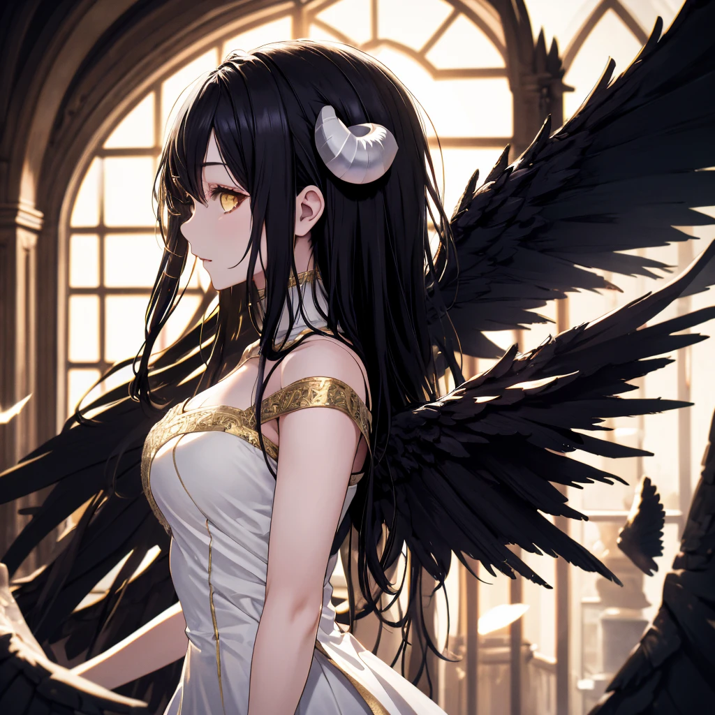 highres, sharp focus, pixiv masterpiece, ((intricate details)), highly detailed, 1girl, black wings, white dress with gold, white horns, albedo_overlord, black hair, (low wings,:1.1), view from side, castle on background <lora:Albedo_Overlord_v_1_2:0.85>