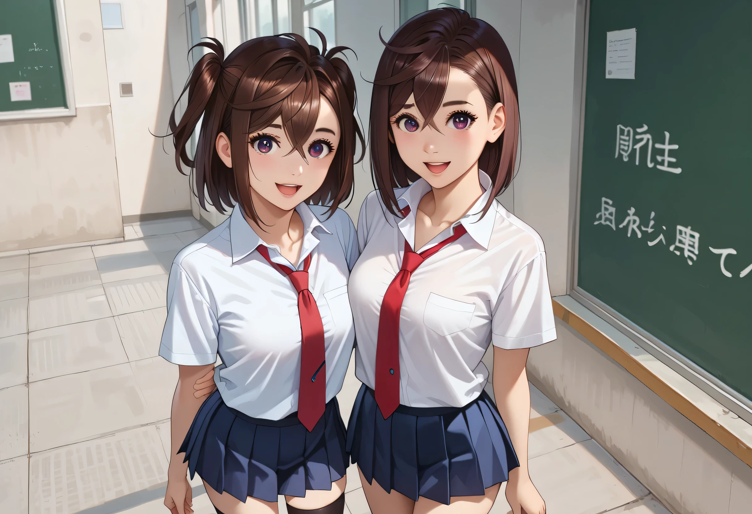 Ayase Momo, beautiful detailed hair, beautiful detailed face, beautiful detailed eyes, beautiful collarbone, beautiful body, beautiful legs, beautiful fingers, looking at viewer, 1 girl, Japanese, schoolgirl, uniform, cute and symmetrical face, **** face, perfect face, perfect eyes, ( middle hair make up, two side up, dark brown hair), side bangs, purple eyes, droopy eyes, big eyes, long eyelashes, slender, out standing style,
((detailed fabric texture, white collar shirt, blue pleated skirt, dark red tie), black thigh length socks, loafers), (beautiful view), late afternoon, (school rooftop), standing, hands on chest, (nice smile, over eyes, open mouth small),