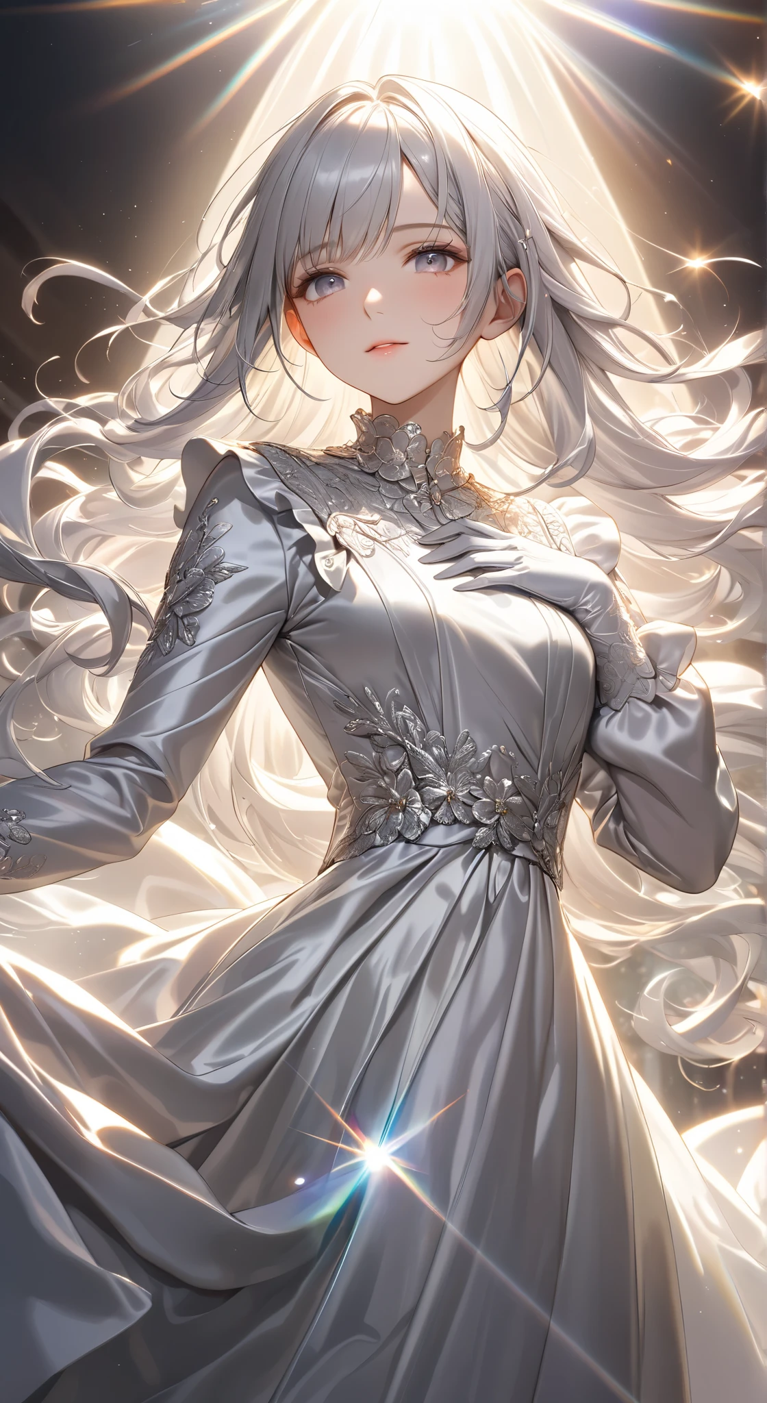portrait with hair、(((god々Shining light))),((god殿))、( masterpiece, best quality, super high resolution ), highly detailed CG, japanese woman with silver hair,(( beautiful face)),(( long sleeve long dress made of pale silver satin)),Ruffled Skirt、pale silver satin gloves