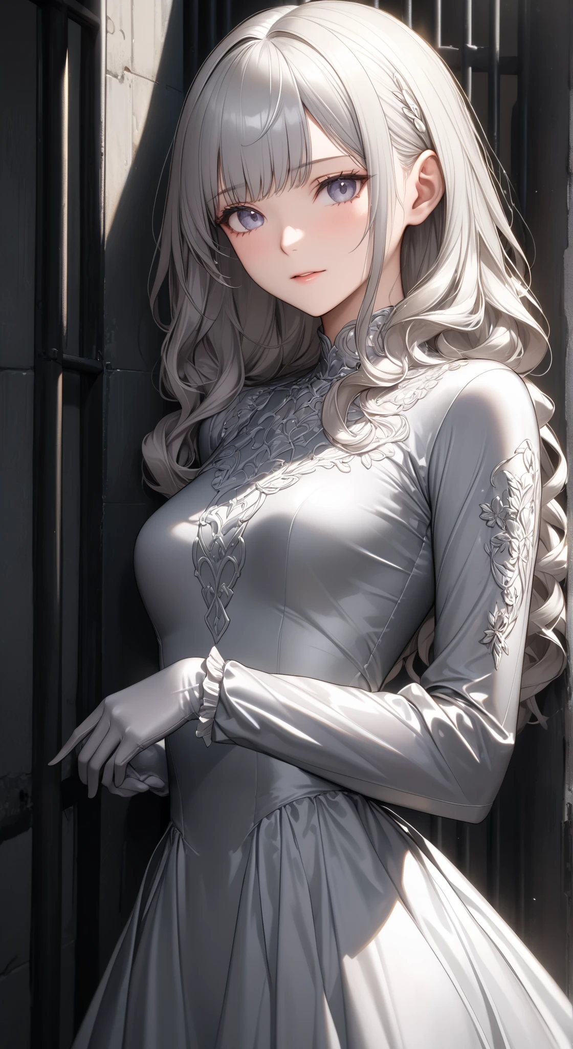 portrait、god々Shining light、( masterpiece, top quality, Ultra High Resolution ),Extremely detailed CG, Japanese woman with pale silver hair,(( beautiful face)),(( long sleeve long dress made of pale silver satin))、((The dress has a simple design without embellishments)),Ruffled Skirt、(Well-fitting pale silver satin bodysuit )、pale silver satin gloves, in prison cell