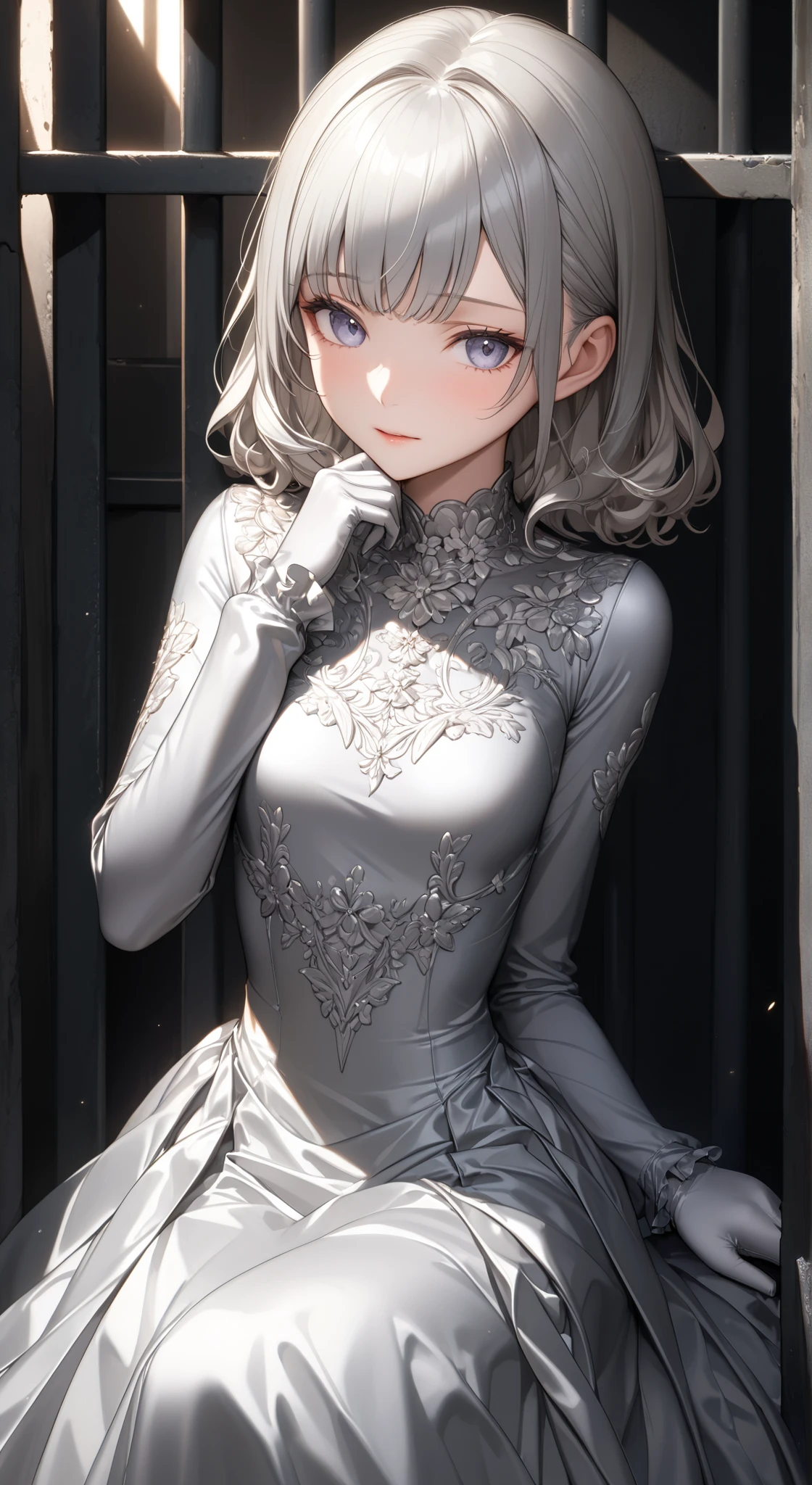 portrait、god々Shining light、( masterpiece, top quality, Ultra High Resolution ),Extremely detailed CG, Japanese woman with pale silver hair,(( beautiful face)),(( long sleeve long dress made of pale silver satin))、((The dress has a simple design without embellishments)),Ruffled Skirt、(Well-fitting pale silver satin bodysuit )、pale silver satin gloves, in prison cell