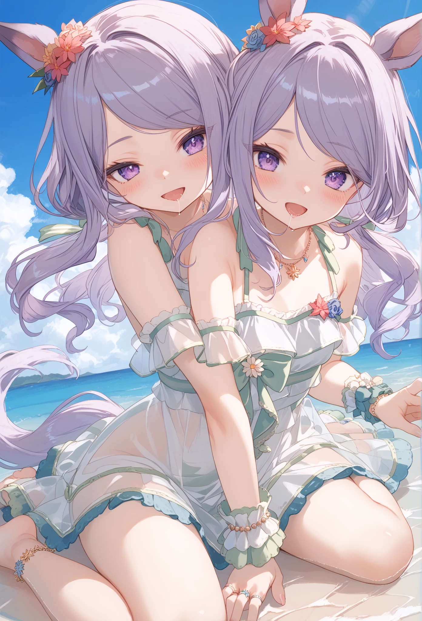 She has long lavender hair with an orange and green flower ornament and a star-shaped clip. Her eyes are bright green, and she has a cheerful expression. She is wears a swimsuit with white and purple elements, blue bows, and frilly edges. Accessories include a bangle on her left wrist. The color palette creates a harmonious look, giving off a fun and playful summer vibe. She is in the sea where the night stars shine brightly. She has one angel wing on her back. midnight