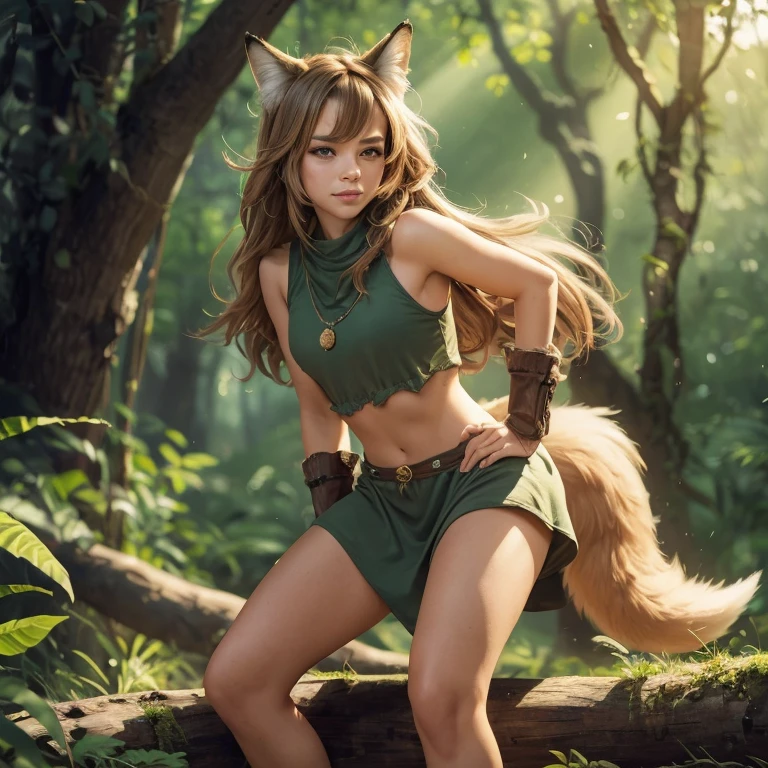 Red panda humanoid female character, 1girl, beautiful face, she should have a graceful and agile build, reflecting an arboreal nature. Her skin is warm and russet-hued, contrasted by soft black around the limbs and back. Her eyes are large, dark, and expressive. She has thick, soft hair in shades of reddish-brown and black, with white streaks near the temples. Her ears are slightly pointed. She possesses slender, dexterous fingers and an additional thumb-like appendage on each wrist. Her legs are strong and built for agility, with slightly elongated feet. The character has a long, lush, prehensile tail with alternating bands of yellowish-red and dark rings. Overall, she exudes a sense of quiet strength and agile grace, a seamless fusion of the red panda's charm and the human form."