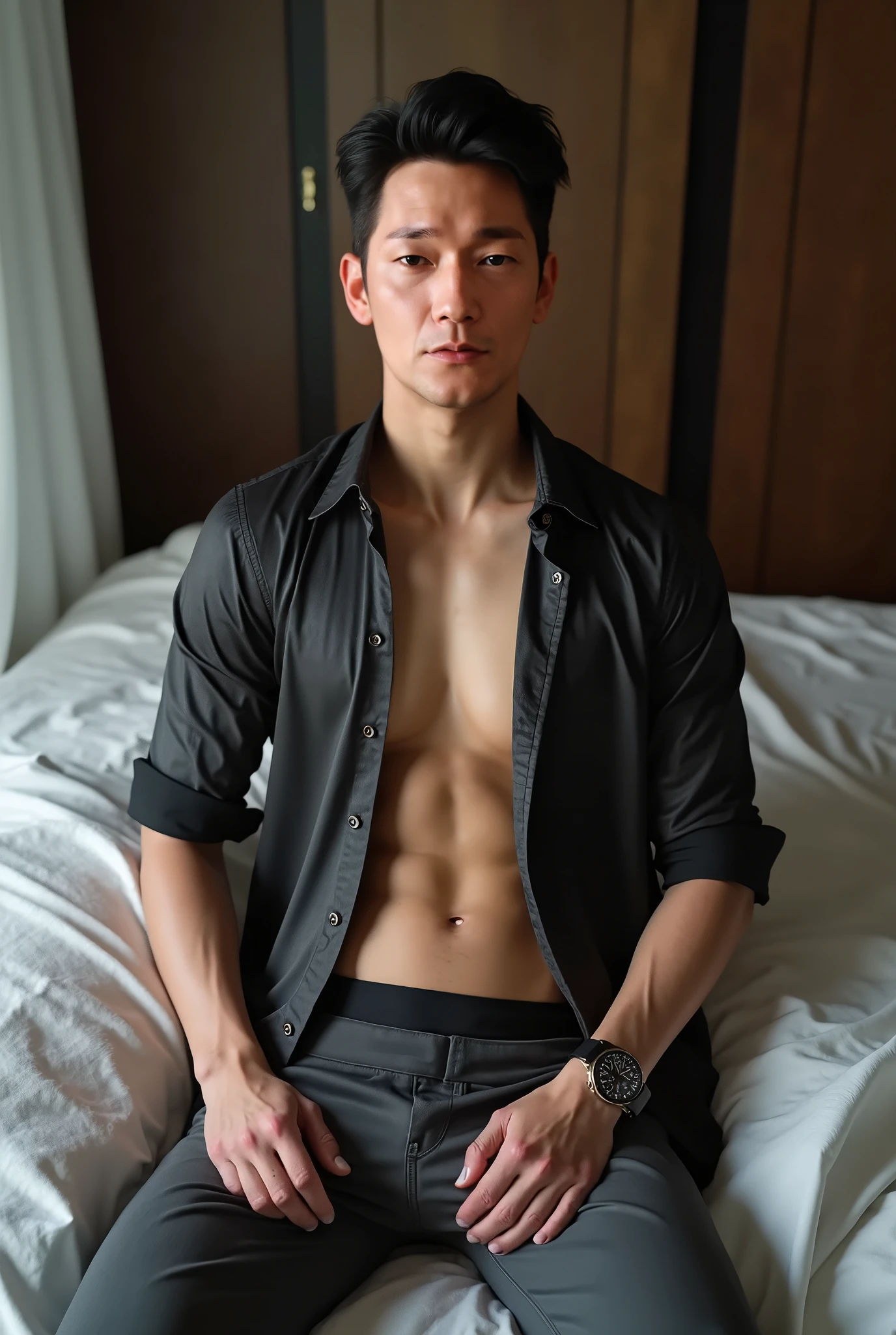 photorealistic,man,Thai person,45 years old,handsome,cool, posing on the bed, naked, view from the side, Looks delicious,Very delicious,Have lunch,realistically,sharp.