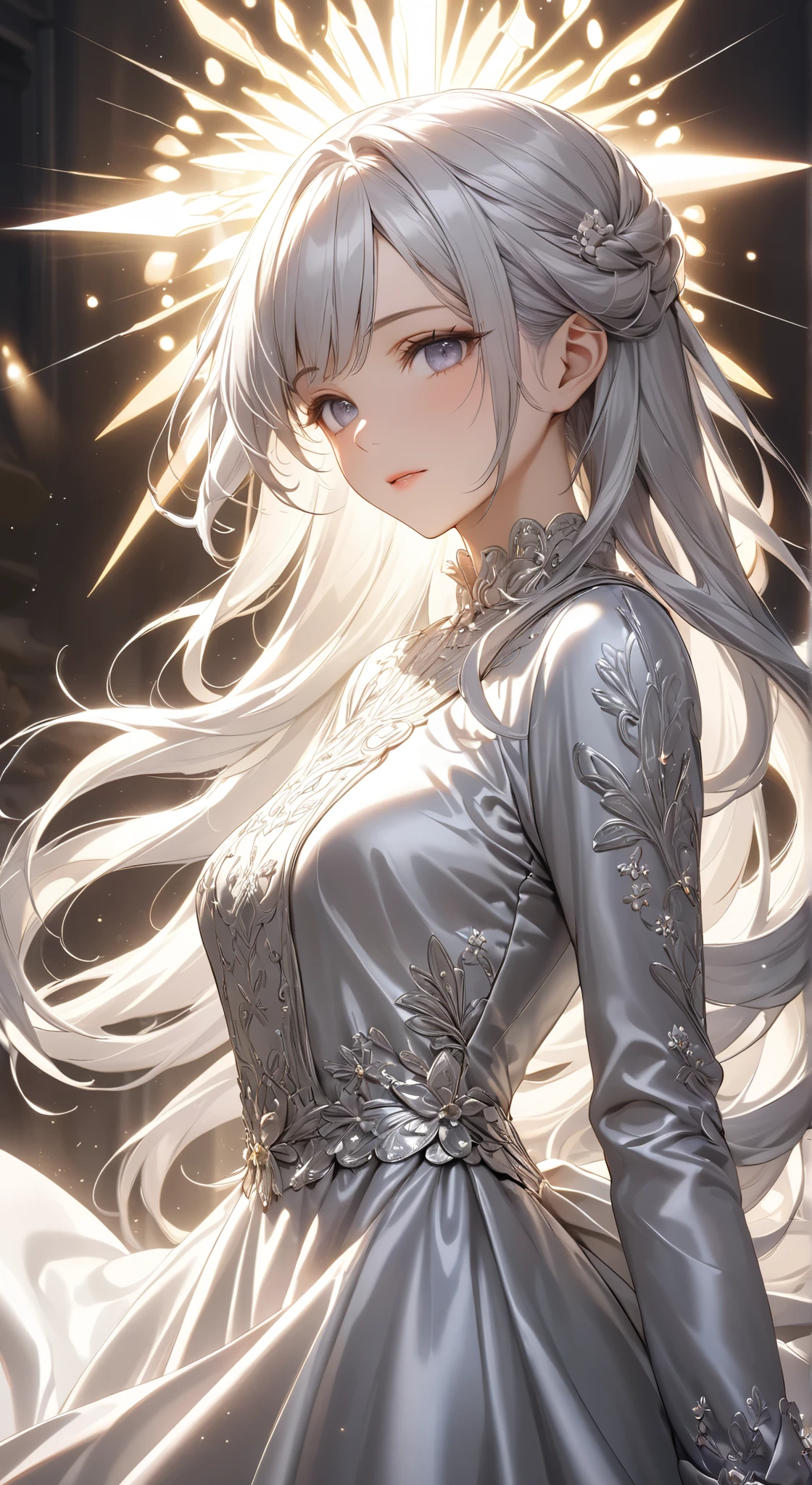portrait with hair、(((god々Shining light))),((god殿))、( masterpiece, best quality, super high resolution ), highly detailed CG, japanese woman with silver hair,(( beautiful face)),(( long sleeve long dress made of pale silver satin)),Ruffled Skirt、pale silver satin gloves