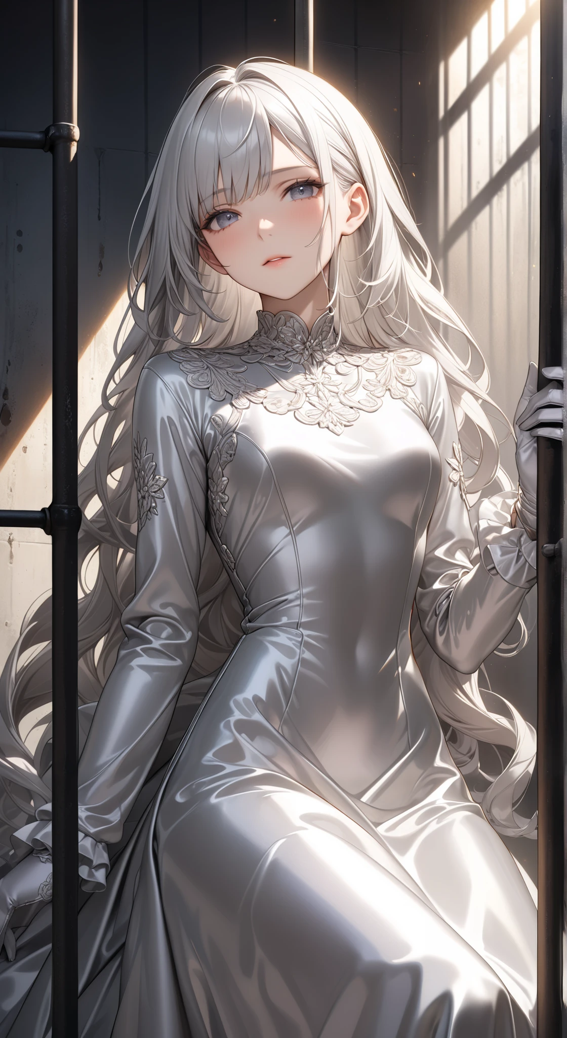 portrait、god々Shining light、( masterpiece, top quality, Ultra High Resolution ),Extremely detailed CG, Japanese woman with pale silver hair,(( beautiful face)),(( long sleeve long dress made of pale silver satin))、((The dress has a simple design without embellishments)),Ruffled Skirt、(Well-fitting pale silver satin bodysuit )、pale silver satin gloves, in prison cell