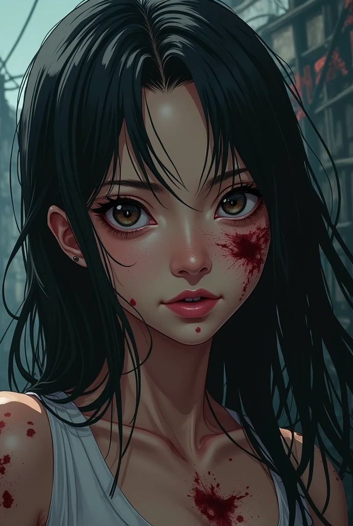 Woman mother, with a bad face, green eyes, long black hair down to the buttocks, beautiful body, anime