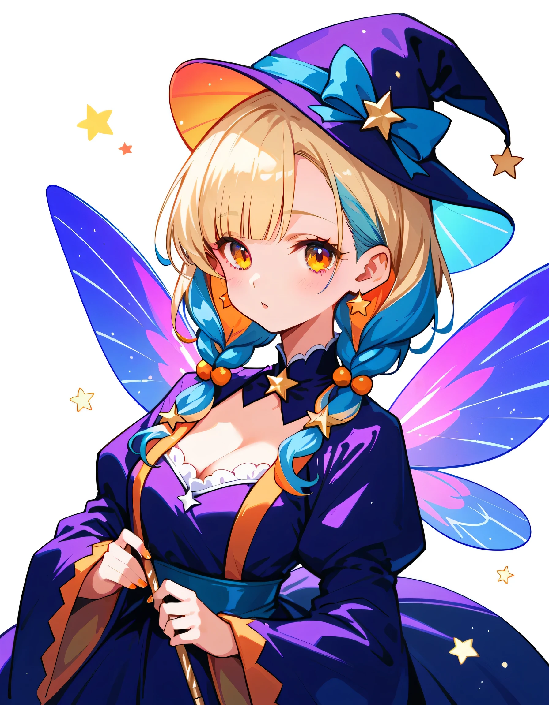 Best Details、 girls on the left,,Blink, top quality , milky white and blue gradation hair color、wear a colorful and cute gothic kimono costume , Star Fairy ,wear a colorful and cute gothic kimono costume with little fairy feathers growing from above your waist 、 simple background on infecti 、 Best Details 、 orange and dark blue color palette 、Casket hat with a rainbow motif 、 7 translucent little fairy wings from the waist、
