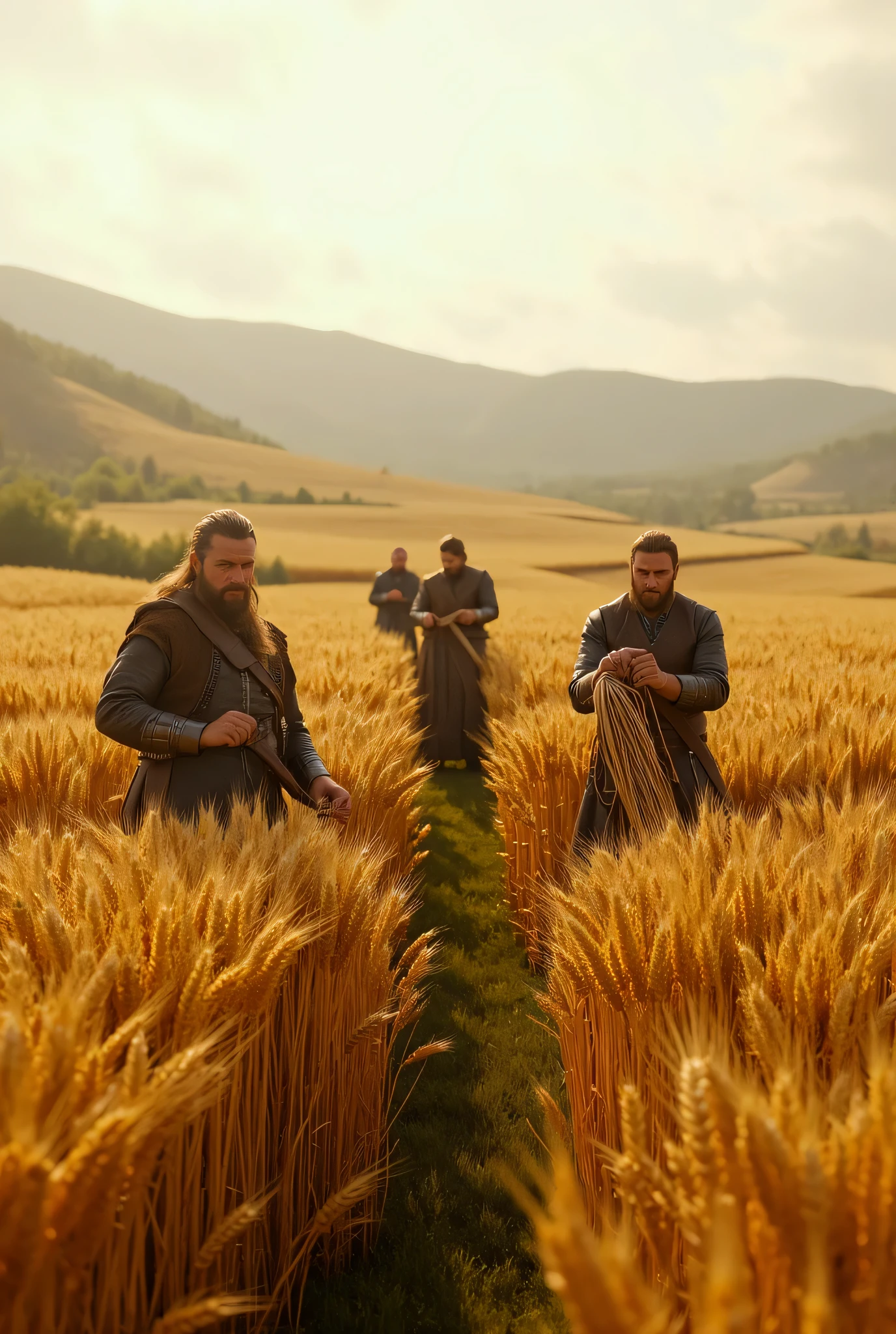 **Prompt:** Create an ultra-realistic panoramic image using Unreal Engine 5 that captures a serene agrarian scene. The center of the composition should feature groups of Viking farmers intricately harvesting and collecting lush golden wheat crops. Emphasize the hyper-realistic details of the wheat and the farmers’ realistic hands, showcasing accurate human anatomy as they work diligently in the expansive fields. Utilize mixed lighting to highlight the idyllic rural landscape and implement central leading lines to guide the viewer’s eye through the scene. Make sure to include a wide-angle perspective that zooms out, providing a cinematic view of this prehistoric yet beautifully balanced scenery. The ambient atmosphere should feel alive, reflecting the beauty of agrarian life while utilizing advanced 3D CGI shaders for enhanced texture depth. This artwork should evoke a sense of connection to nature and the timelessness of farming practices, reminiscent of a high-quality nature documentary.