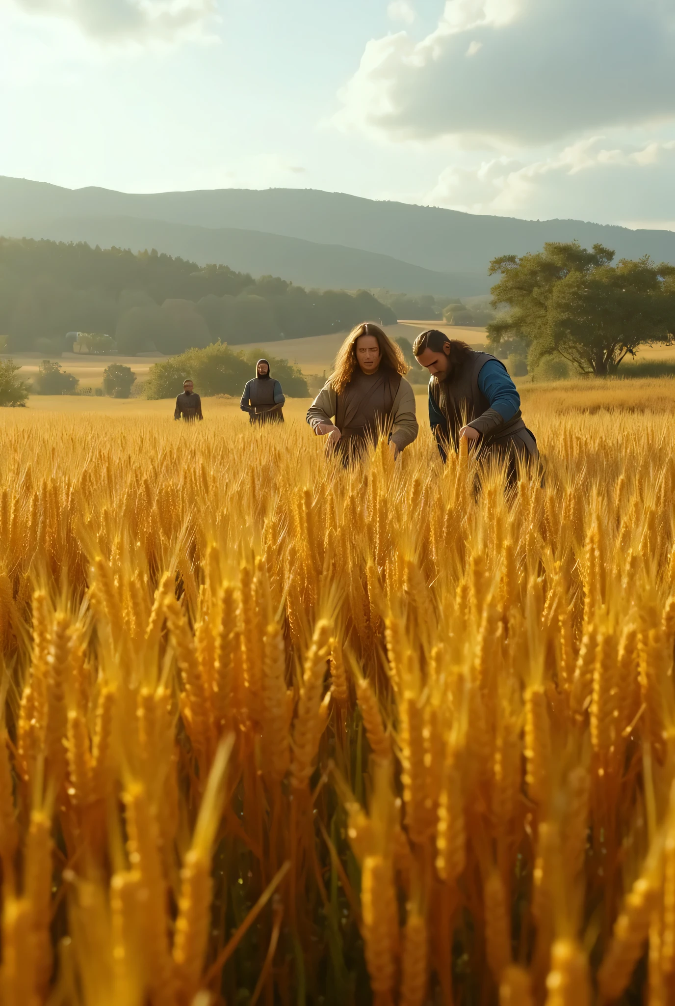 **Prompt:** Create an ultra-realistic panoramic image using Unreal Engine 5 that captures a serene agrarian scene. The center of the composition should feature groups of Viking farmers intricately harvesting lush golden wheat crops. Emphasize the hyper-realistic details of the wheat and the farmers’ realistic hands, showcasing accurate human anatomy as they work diligently in the expansive fields. Utilize mixed lighting to highlight the idyllic rural landscape and implement central leading lines to guide the viewer’s eye through the scene. Make sure to include a wide-angle perspective that zooms out, providing a cinematic view of this prehistoric yet beautifully balanced scenery. The ambient atmosphere should feel alive, reflecting the beauty of agrarian life while utilizing advanced 3D CGI shaders for enhanced texture depth. This artwork should evoke a sense of connection to nature and the timelessness of farming practices, reminiscent of a high-quality nature documentary.