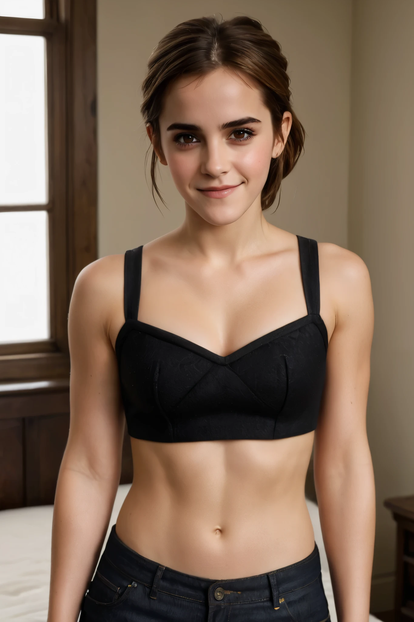 1girl, ((upper body, looking at camera)), Emma Watson, ((Looking interested!! Looking amused!! Smug. Wicked grin)). Masterpiece, top quality, best quality, beautiful eyes, perfect eyes, muscular, attractive, crop top, midriff. Bedroom.