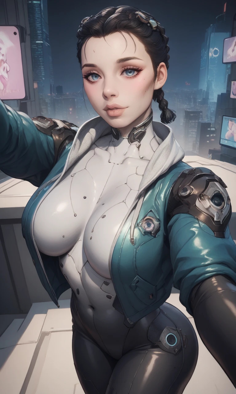 Highest image quality，Outstanding details，超高分辨率，（Fidelity：1.4），The best illustration，Favor the details，closeup cleavage，A mech girl，He has a delicate and beautiful face，（（Red and white semi-mechanical body：1.8）），Raised sexy，frontage，cyber punk perssonage，Futuristic，mechanically aesthetic，Complex machinery，The background is a high-tech lighting scene in the future city，Virtual Engine 5，Perfect detail rendering，rendering by octane，hyper HD