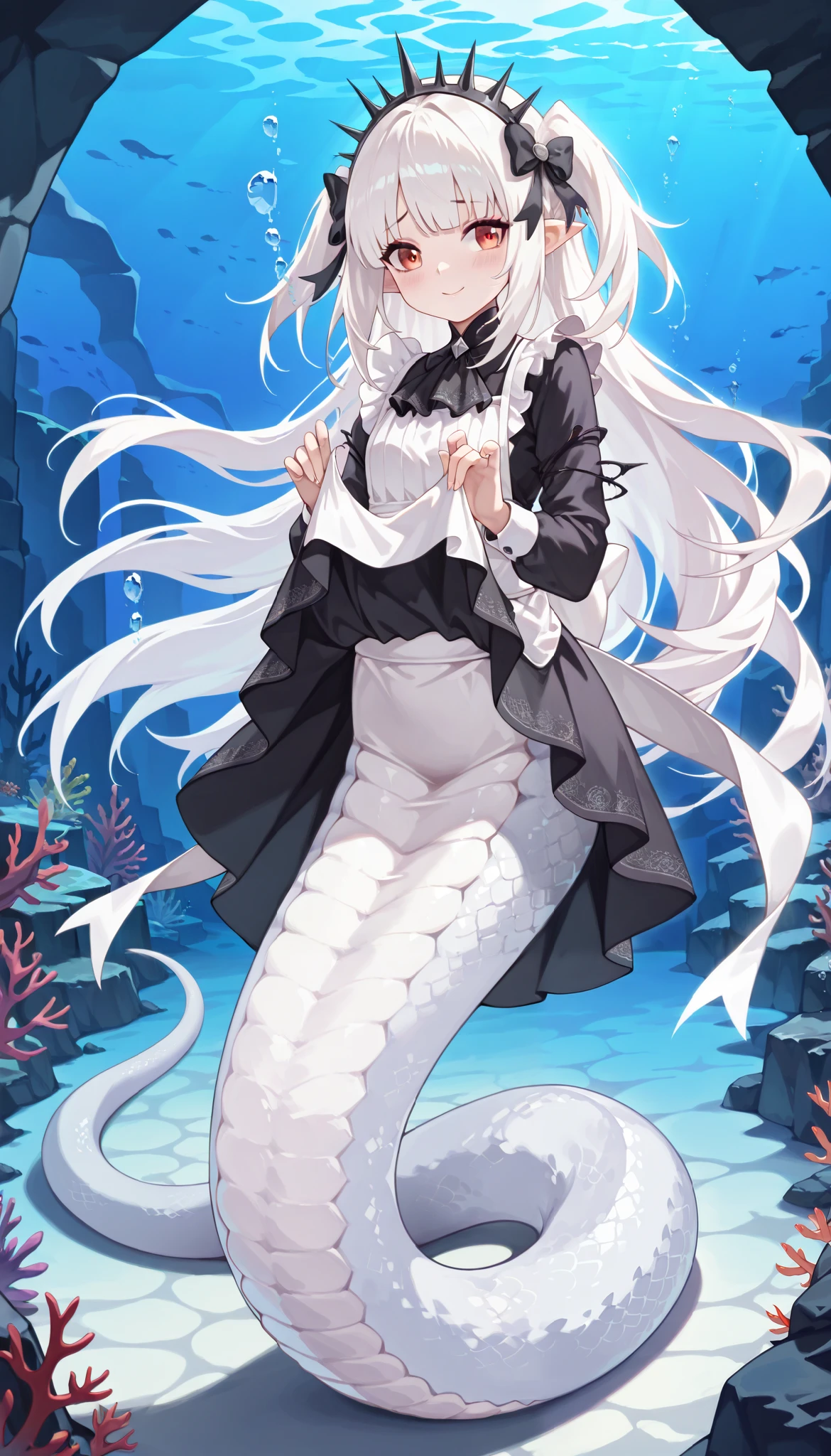 ( masterpiece), ( best quality ),( full five fingers),A-Bao A Qu, the Lightless Shadow, 1 girl, alone, maid outfit, white apron,Full body picture, White hair,headdress, Smile,Shy, lift up skirt , are very beautiful,ridiculous, Latest, Lamia, White Snake Tail ,(Underwater:1.2),seabed