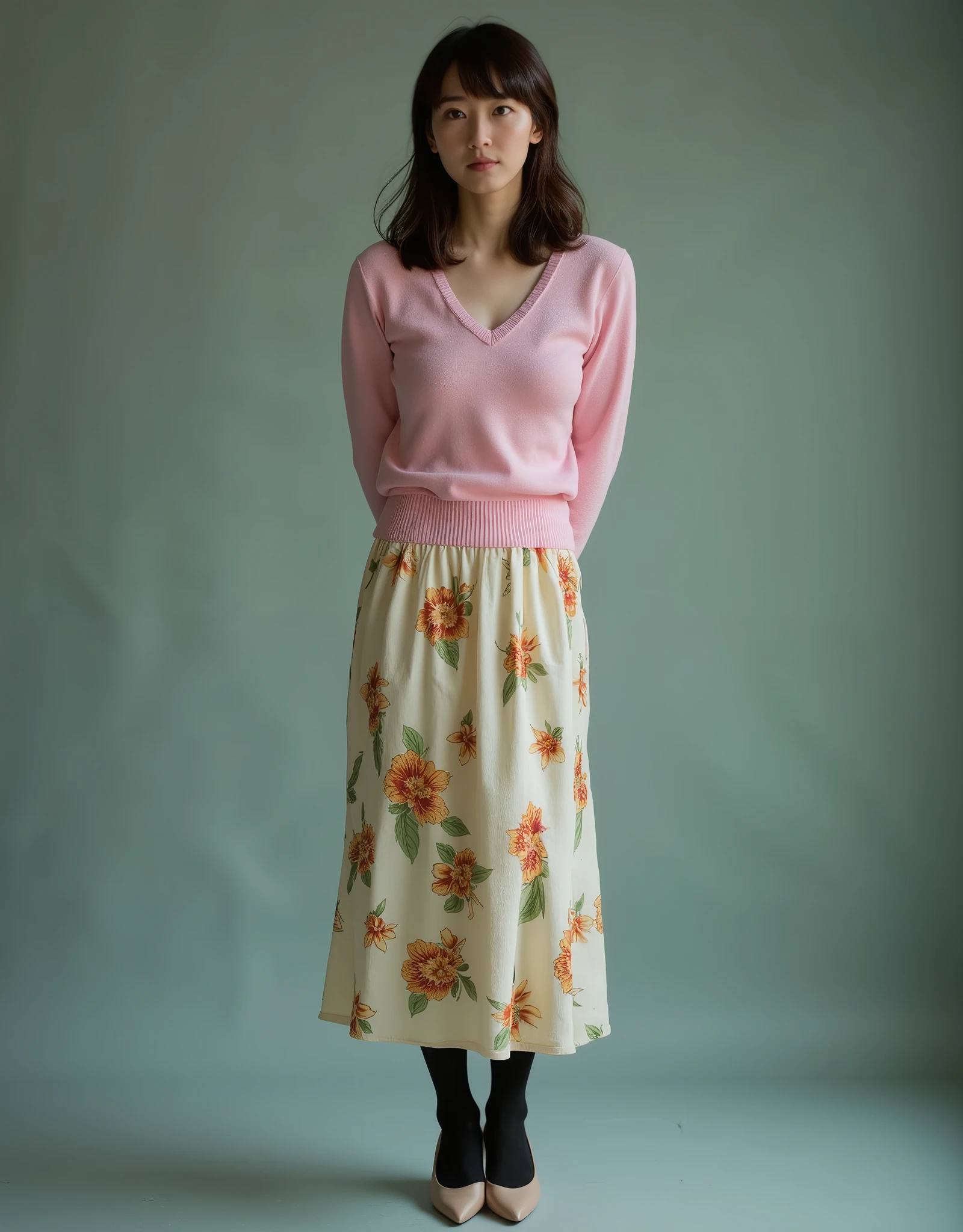 45 years old Japanese beautiful woman, shiny skin, white skin, beautiful skin, dark brown loose perm hair with large bangs, V-neck pink sweater, skirt with yellow or red floral pattern on pure white fabric, skirt long enough to cover the knees, black pantyhose, beige pumps, dim photography studio, front view, standing in a feminine pose, masterpiece, highest quality, best quality, ultra detailed, realistic, photorealistic, high resolution, perfect composition, 4K,