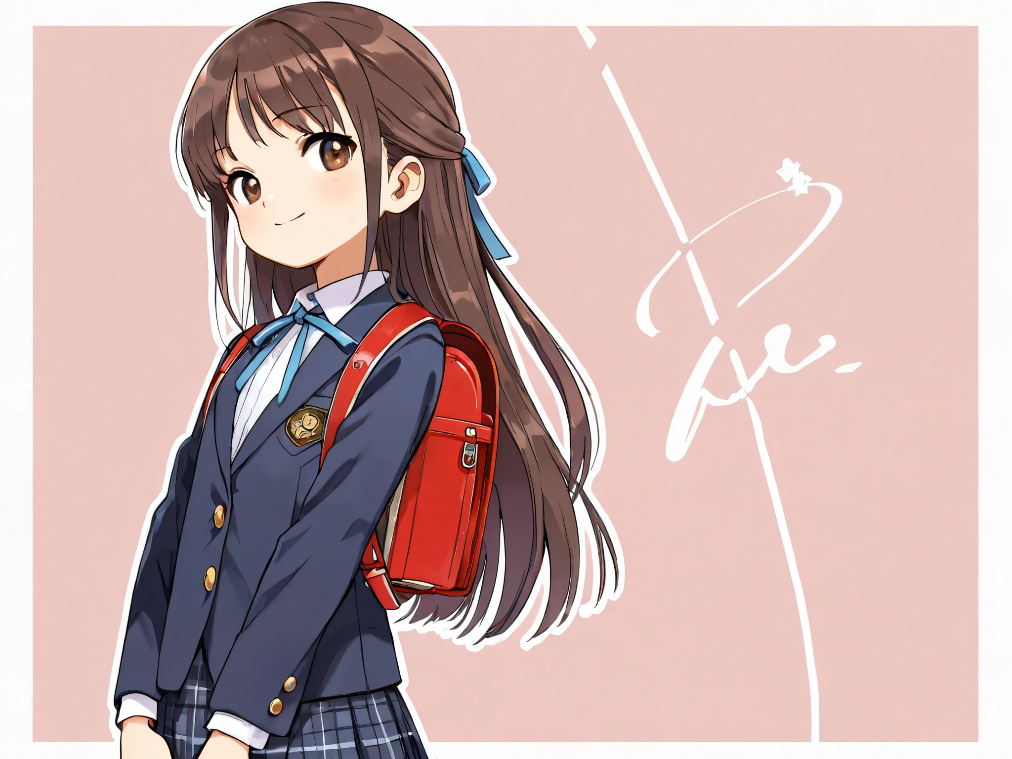 (Top Quality), (Very Aesthetic), (Super Detailed), (Best Illustration), Loli, Solo Female, female , Girl, half updo, Blue Ribbon, Long Hair, Straight Hair, Sideburns, Center Parting, Brown Hair, Brown Eyes, Smiling, (flat breast), (school uniform, blazer, classic style with white shirt and plaid skirt, formal look), carrying randoseru backpack, On the way home through town