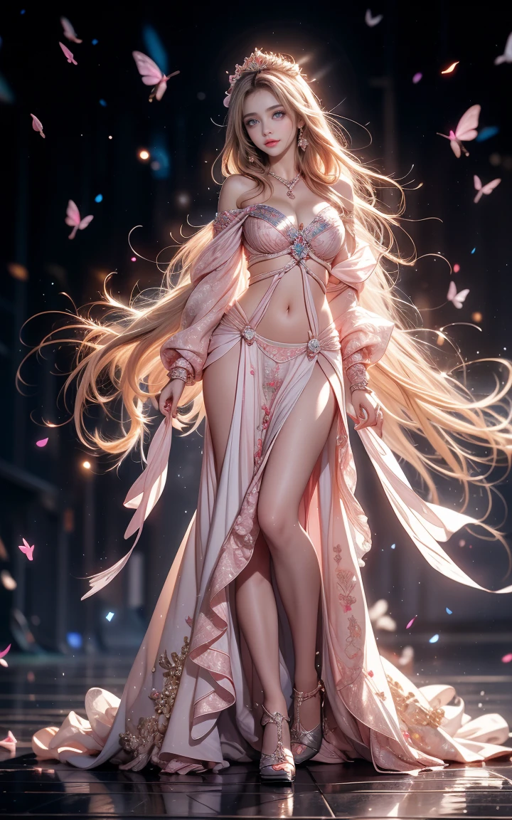 (pieces fly),(highest quallity:1.1),(very detailled),best illustrations,The finer details,(portraits:1.1),(water colour)cuddly,1 female,standing alone,,breasts small,Thin Anorexic Thighs,Scrawny,(Very delicate and beautiful face),(Beautiful eyes in every detail),thick pink lips,(Messy hair),soft and lazy,(simple background:1.2)General background color,transparent parts,In 4k,Accurate shot,fine legs,pink high heels,Transparent robe,Swimsuits,The happi coat is open