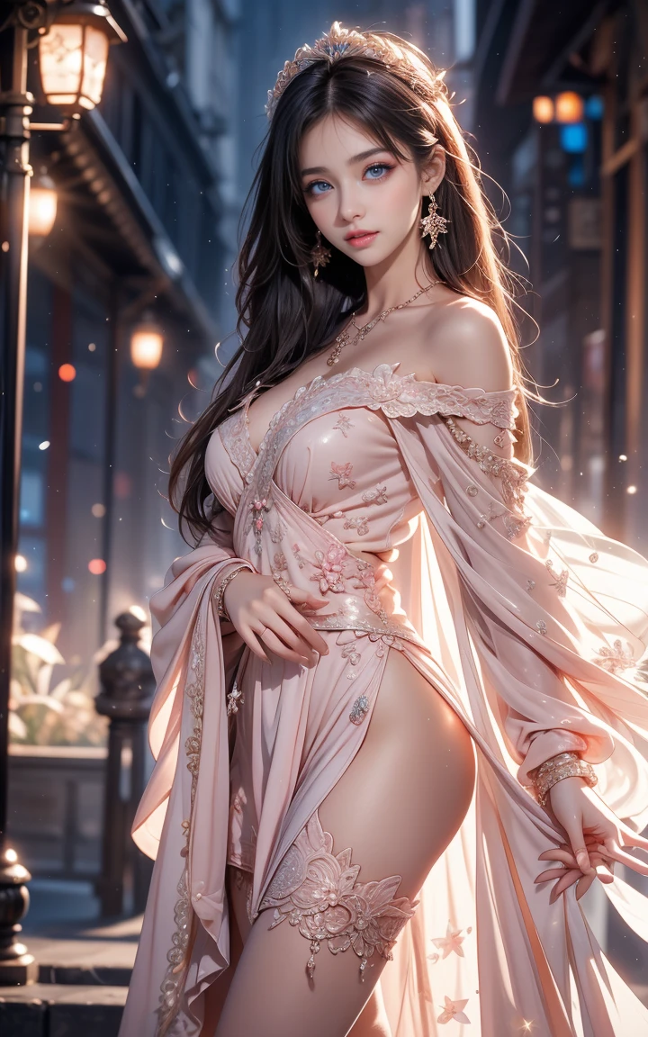 Masterpiece, digital artwork of a gorgeous, beautiful brunette elf woman, dressed in a pink satin gown with intricately designed waist chains, gracefully posing inside a majestic, marble palatial courtyard. The artwork exhibits the exquisite style of Makato Shinkai, showcasing ultra-fine details, such as the shimmering fabric of the dress, the delicate texture of the woman's curvy figure, and the meticulous patterns etched into the marble walls. The illusion of depth is illustrated through the precise shading and fine textures, creating a breathtaking, ethereal atmosphere. The woman's expressive, captivating eyes capture your attention,