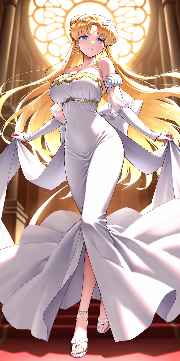 Floating onto the surface. ((She turns around.)) Her body in a leaning back position. Her blonde long hair covered tanznite glitter. Her big blues and covered in pink crystal covered lips. Wearing a white satin dress with gold mesh layers