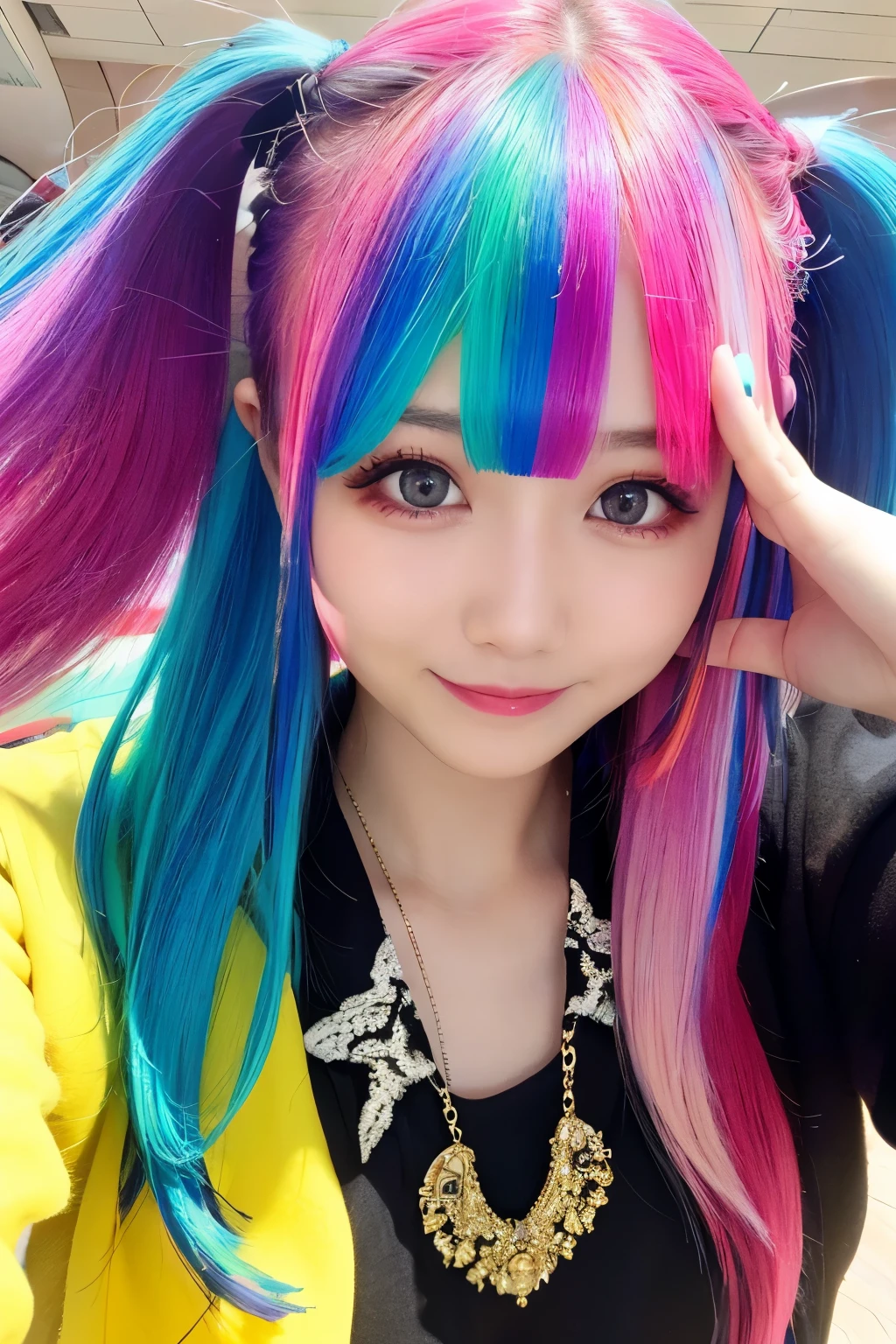 high quality:1.3, realistic、high resolution, realistic、8k、16k、 Masterpiece:1.4, details.Impressive、Depiction of belly up、Alone、 cutting-edge photo portrait of a woman、 smiles、Expression of happiness、The way you look at someone you love、 yellow、Cyan, and purple, (( her colorful hair is gathered in a high position、Various hair colors:1.3)) 、 her vibrant makeup has become a real eye-catcher、Beautiful nature