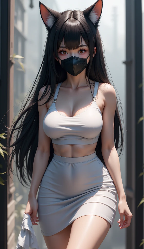 depth of fields,Wide,shorts,slippers, tank_top, night,(cat ear:1.5),the night,rays of moonlight,No man's street,Long legs,ssmile,Detailed eyes,depth of fields,Wide,fully body photo,Slender body,Long legs,sexy pose,(8K, RAW photos, best qualtiy, tmasterpiece:1.2),slippers, 1girll, Asians,huge tit, (black facemask:1.5), (Long black hair),Slender legs,Long legs, Grey_Background, looking at the viewers,, Huge_Breasts, nabel, nase,Bumpy figure,Long legs, Realistis, 独奏,shiny skins,Beautiful and delicate face,(美丽detailed eyes:1.3),(realisticlying,photograph realistic:1.3)