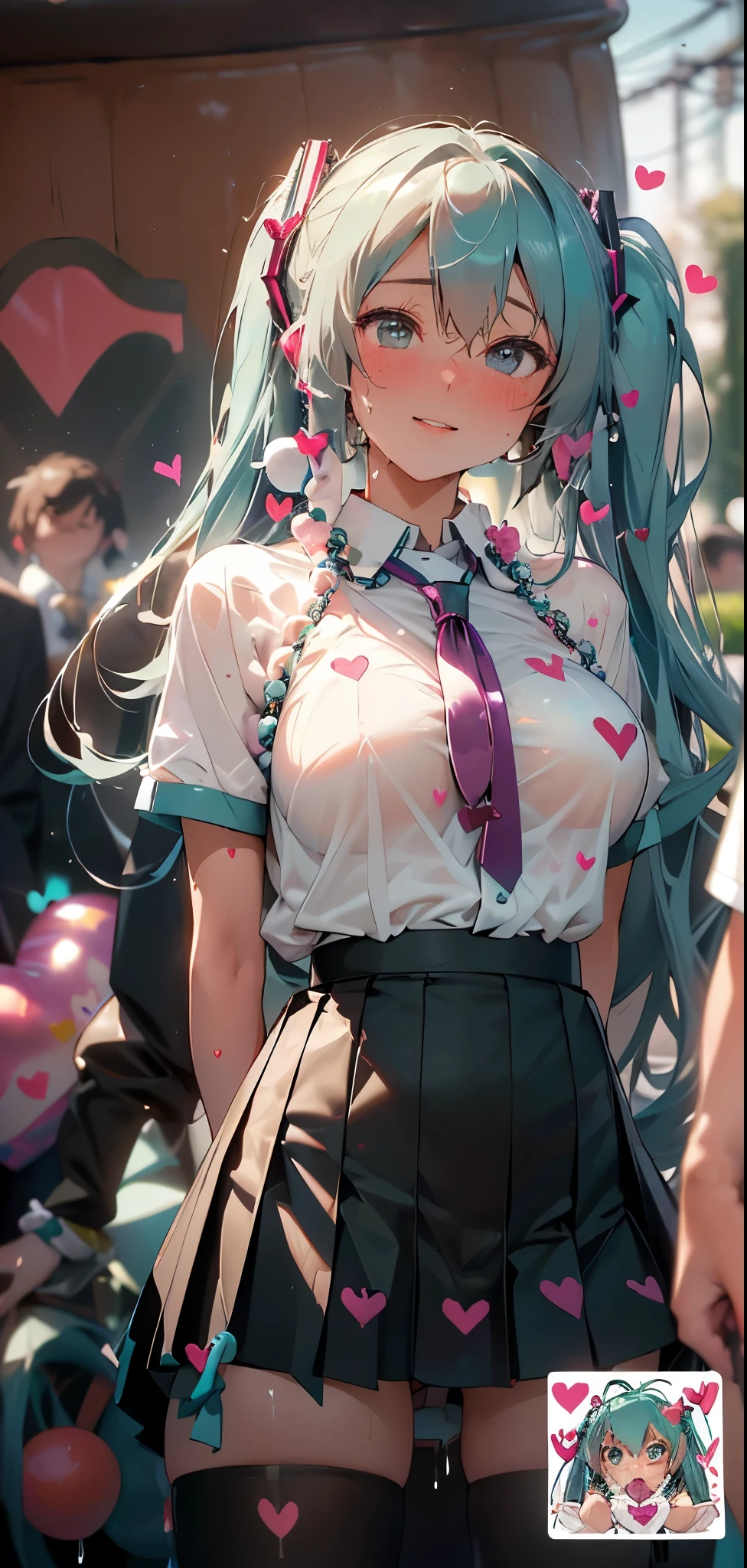 (Perfect body))、 Beautiful hands and feet、(Lift up your miniskirt yourself: 1.3), ((Big Breasts: 1.4)), Showing pussy, Valentine's Day、Watery eye, Embarrassing, (Sperm overflowing from pussy: 1.5), A woman blushing, ((Girl anal beads string with bells on the end:1.3)), ((wonderful)), ((masterpiece)), Cute adult woman, Beautiful Face, Realistic body, Realistic eyes, See through, White knee-high socks, 、Panty shot,, Wet G-string, (((Spread your legs))), Under the chest, (Shiny and bold skin, sweating: 1.4), ((((ボケ of other characters: 1.5)))),, ((Bokeh ball: 1.5) ), thin, (Brown Hair), (Hatsune Miku:1.5), (racing Miku),headphone、((Hand holding a big present in the form of heart with ribbon、super big Valentine'chocolate、(cum in pussy:1.3)
