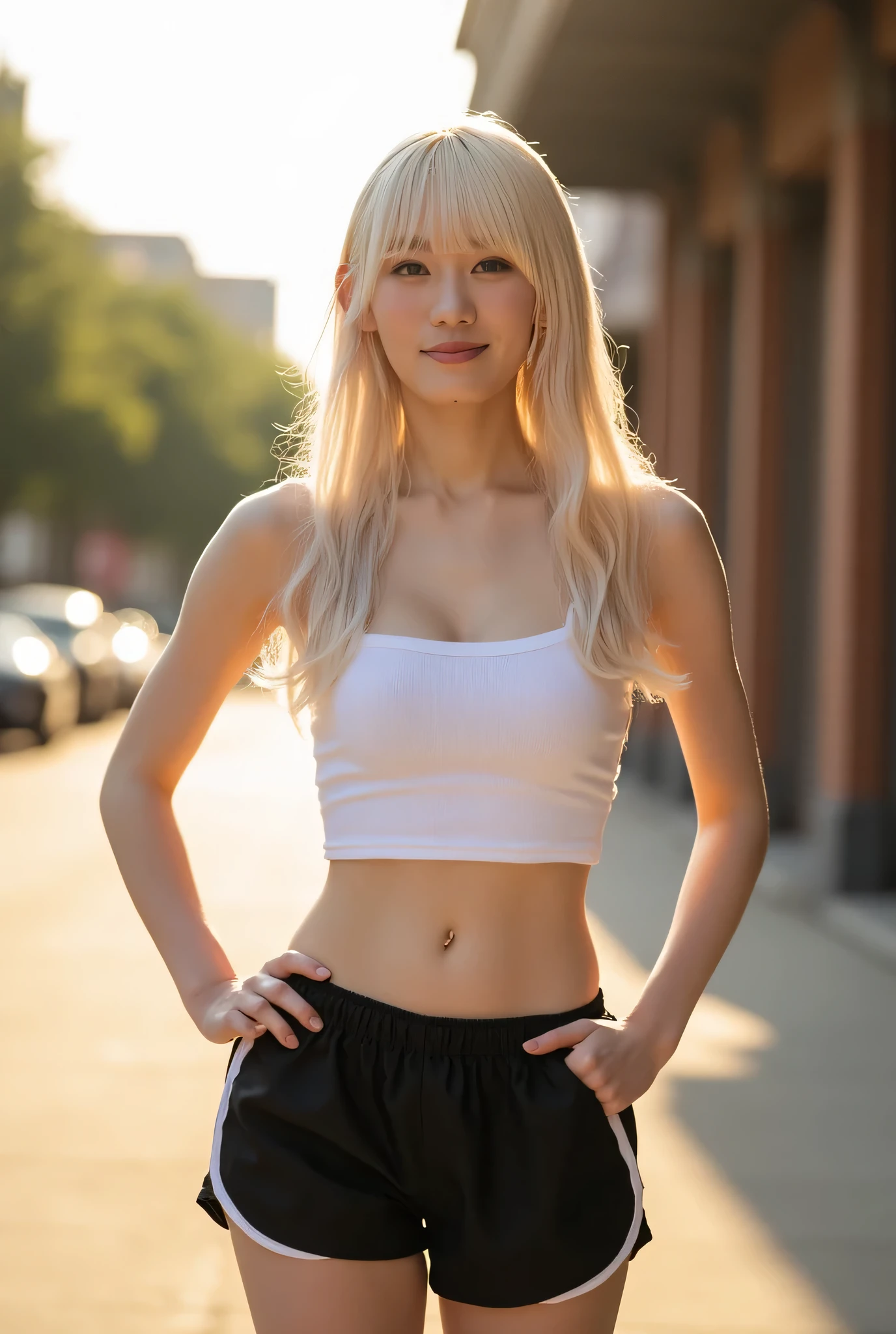 Highest quality, 8K, fashion model photo, ((ivory white short tank top)), ((black running shorts)), belly button visible, ((standing with hands on )), strong sense of design, mid shot, girl, (( long platinum blonde hair with bangs),  delicate skin, shy smile, simple background, high texture, street corner, sunshine,