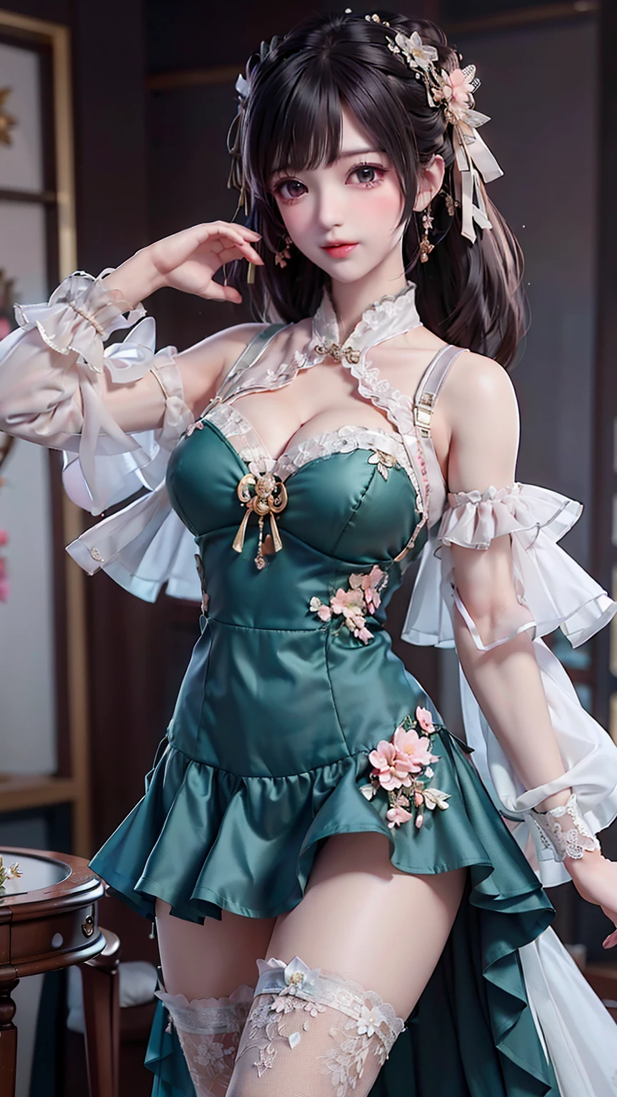 8K, masterpiece, RAW photos, best quality, detail:1.2),Reality, extremely detailed CG unity 8K wallpaper, Depth of Field, light, lens flare, Ray tracing, (extremely beautiful face, Beautiful red lips, beautiful eyes), intricate detail face, ((ultra detailed skin)), 1 Girl, in the darkness, Deep Shadows, pretty girl,(Slim, slender and fit body:1.3), ((looking at the audience)),(A big smile), (Laced skirt), (shooting sleeve) , (city night, (Neon), (night), earrings, bracelet, neckLace, Pantyhose, Clear eyes, cosmetic, walk, Facing forward, (Big green eyes), ((Upper body shooting)), skirt, Laced skirt, Look back, Back, Very slim, defamation, golden braid shawl, pink blue, skirt, 3D, Rich colors, cosmetic, (Lace stockings with garters, wirework jewelry, Lace), Corset, long skirt, silver, earrings, neckLace, bracelet, Valuable objects