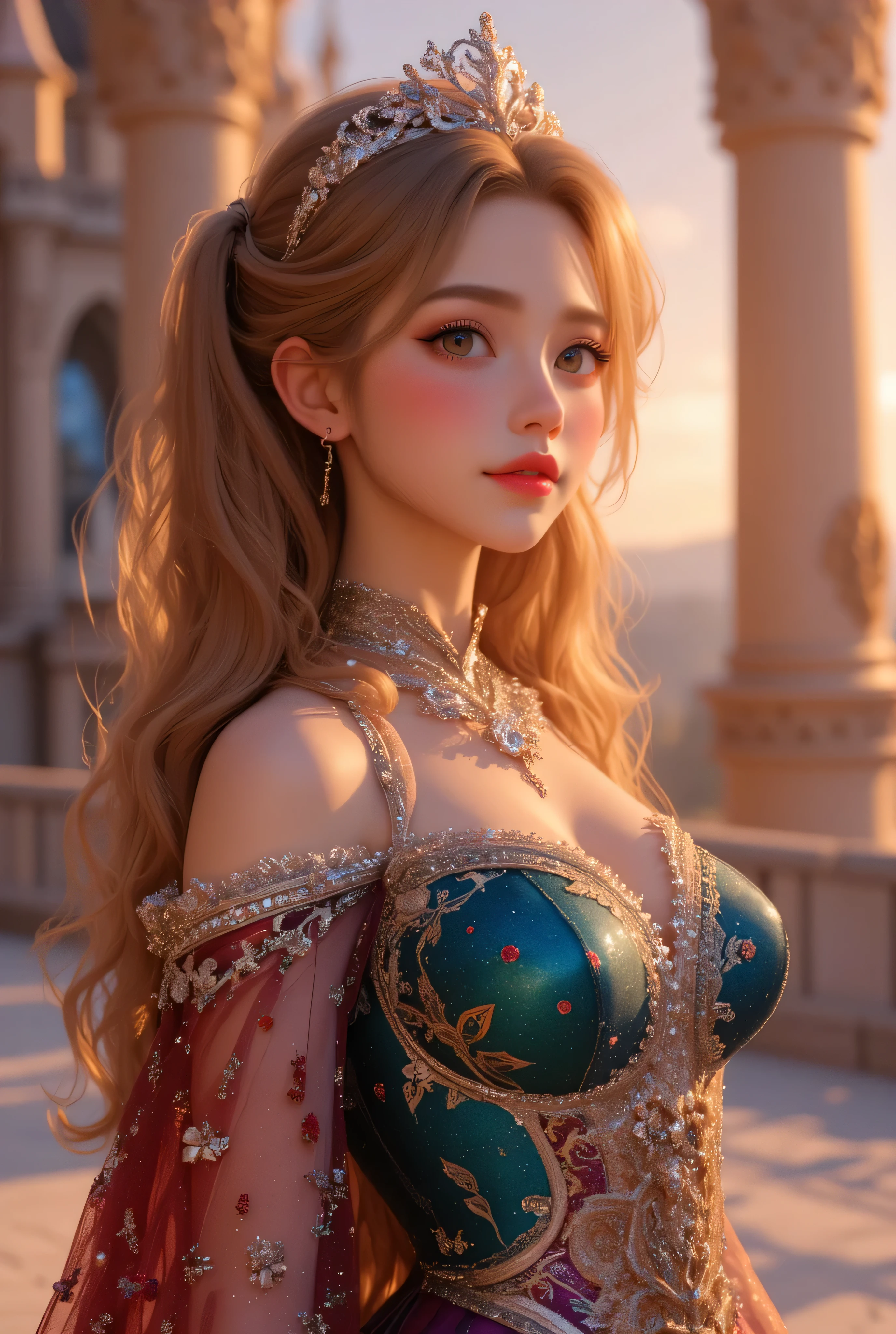 lors, deep contrast, super real, pink lipstick, lovely atmosphere, cinematic composition, close-up of face. She is wearing a breathtakingly opulent princess dress with flowing, multi-layered fabrics in a mesmerizing blend of royal blue, deep crimson, emerald green, and shimmering violet, creating a dazzling gradient effect. The dress is adorned with intricate golden and silver embroidery, forming delicate floral and celestial patterns, intertwined with radiant, sparkling gems in shades of sapphire, ruby, emerald, and amethyst. The off-shoulder design is enhanced with sheer, shimmering fabrics that drape elegantly, catching the light like woven stardust. Her bodice is encrusted with fine jewel embellishments, and a beautifully detailed silver and gold belt cinches her waist, adding to the regal elegance. She also wears a dazzling gemstone necklace, a delicate tiara of intertwined silver and gold adorned with pearls and precious stones, and an exquisite matching bracelet. Her dress have many lights , shinning out the lights.
She stands gracefully in front of a magnificent castle with towering spires, intricate stonework, and glowing stained-glass windows that cast a kaleidoscope of colors onto the grand courtyard. The castle is bathed in the golden light of a setting sun, with the sky painted in warm hues of orange, pink, and purple. Ethereal sparkles fill the air, adding a magical glow to the scene. Her expression is serene, confident, and regal, exuding the grace and charm of a true fairy-tale princess in a fantastical, enchanted world.