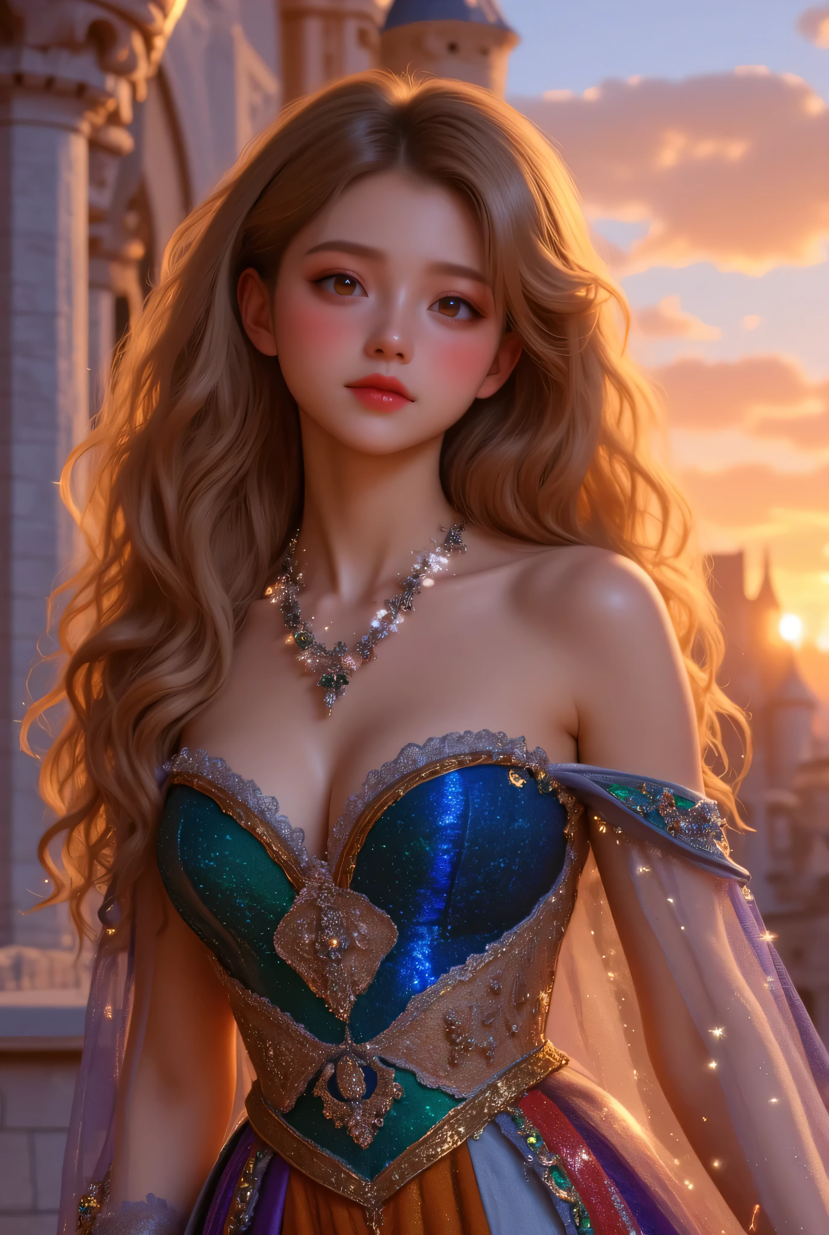 lors, deep contrast, super real, pink lipstick, lovely atmosphere, cinematic composition, close-up of face. She is wearing a breathtakingly opulent princess dress with flowing, multi-layered fabrics in a mesmerizing blend of royal blue, deep crimson, emerald green, and shimmering violet, creating a dazzling gradient effect. The dress is adorned with intricate golden and silver embroidery, forming delicate floral and celestial patterns, intertwined with radiant, sparkling gems in shades of sapphire, ruby, emerald, and amethyst. The off-shoulder design is enhanced with sheer, shimmering fabrics that drape elegantly, catching the light like woven stardust. Her bodice is encrusted with fine jewel embellishments, and a beautifully detailed silver and gold belt cinches her waist, adding to the regal elegance. She also wears a dazzling gemstone necklace, a delicate tiara of intertwined silver and gold adorned with pearls and precious stones, and an exquisite matching bracelet. Her dress have many lights , shinning out the lights.
She stands gracefully in front of a magnificent castle with towering spires, intricate stonework, and glowing stained-glass windows that cast a kaleidoscope of colors onto the grand courtyard. The castle is bathed in the golden light of a setting sun, with the sky painted in warm hues of orange, pink, and purple. Ethereal sparkles fill the air, adding a magical glow to the scene. Her expression is serene, confident, and regal, exuding the grace and charm of a true fairy-tale princess in a fantastical, enchanted world.
