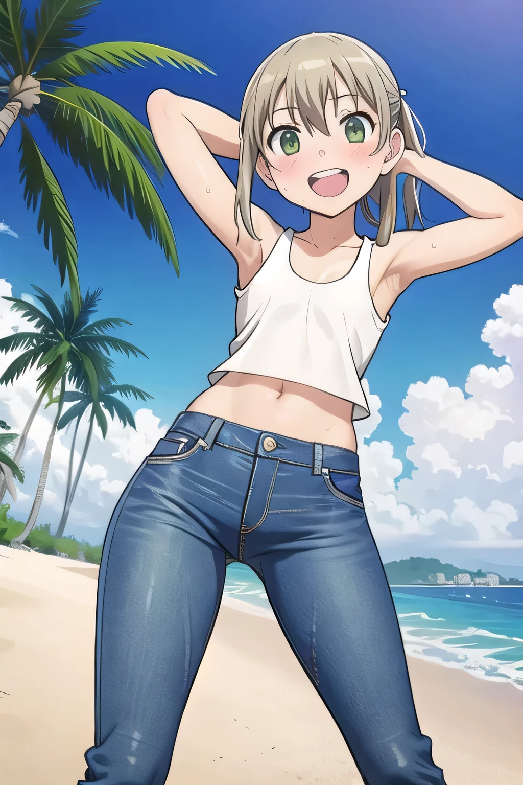 masterpiece,best quality,ultra detail, ((Perfect Face, Perfect Arms, Perfect hands, Perfect Fingers)), 1girl, , peti ((round face, ecstasy, orgasm face, drooping eyes, shame smiling, blush)), dropping eyes, sleepy, Open mouth, ((White teeth)), background((under the beach, (day:1.2), palm tree, bright sky)), maka albarn, green eyes, blonde hair, long hair, ((arms behind head, hands behind head, fingers behind head)), ((contrapposto)), spread armpits, looking at viewer,, (white tank top:1.2), (white crop top:1.2), (jeans pants:1.2, flares jeans:1.2, skinny jeans:1.2, blue jeans:1.2), standing, (legs spread:1.4), sex pose, Sweaty crotch, Steam from the crotch, from below, whole body