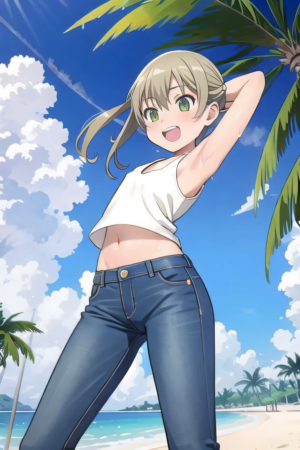 masterpiece,best quality,ultra detail, ((Perfect Face, Perfect Arms, Perfect hands, Perfect Fingers)), 1girl, , peti ((round face, ecstasy, orgasm face, drooping eyes, shame smiling, blush)), dropping eyes, sleepy, Open mouth, ((White teeth)), background((under the beach, (day:1.2), palm tree, bright sky)), maka albarn, green eyes, blonde hair, long hair, ((arms behind head, hands behind head, fingers behind head)), ((contrapposto)), spread armpits, looking at viewer,, (white tank top:1.2), (white crop top:1.2), (jeans pants:1.2, flares jeans:1.2, skinny jeans:1.2, blue jeans:1.2), standing, (legs spread:1.4), sex pose, Sweaty crotch, Steam from the crotch, from below, whole body