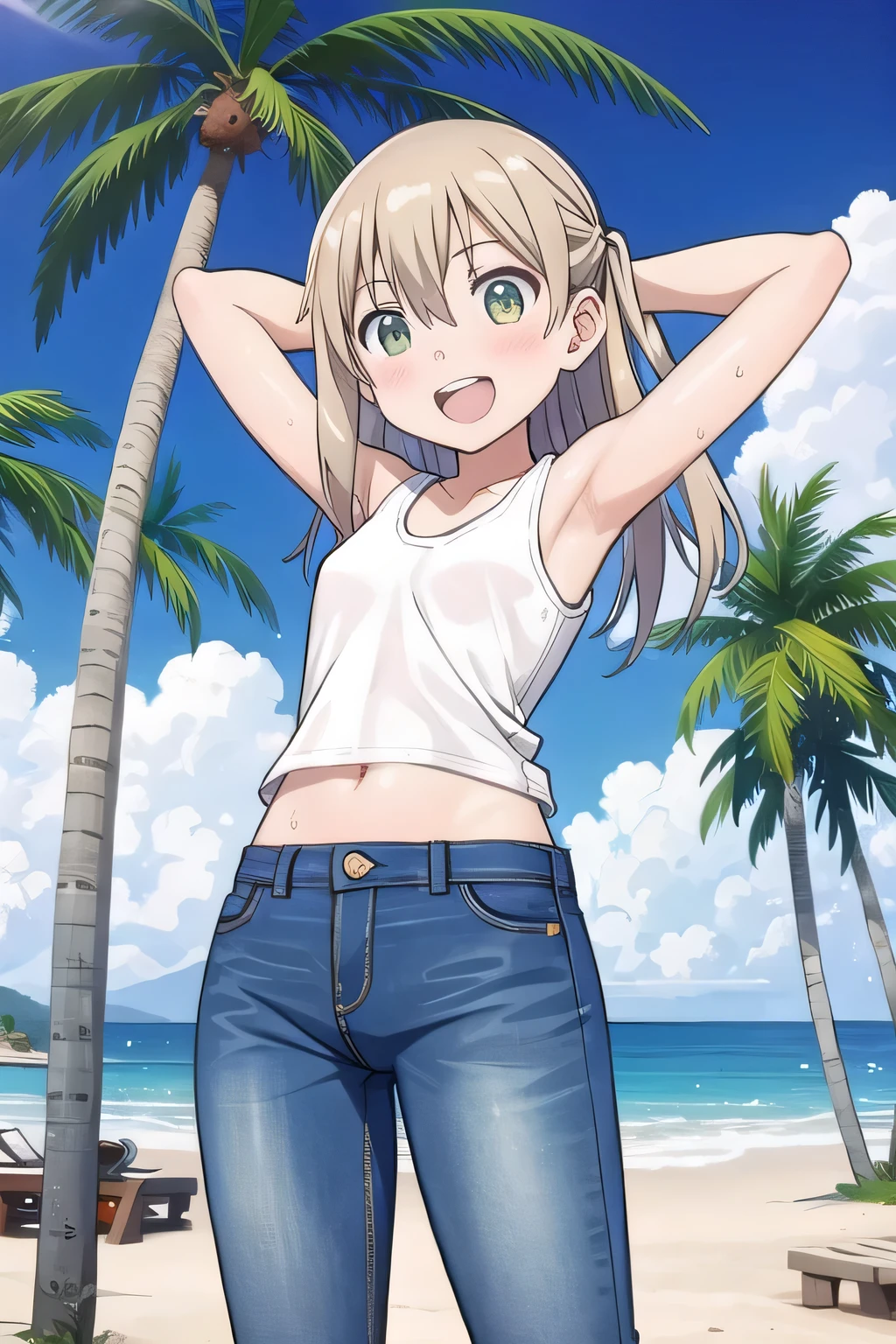 masterpiece,best quality,ultra detail, ((Perfect Face, Perfect Arms, Perfect hands, Perfect Fingers)), 1girl, , peti ((round face, ecstasy, orgasm face, drooping eyes, shame smiling, blush)), dropping eyes, sleepy, Open mouth, ((White teeth)), background((under the beach, (day:1.2), palm tree, bright sky)), maka albarn, green eyes, blonde hair, long hair, ((arms behind head, hands behind head, fingers behind head)), ((contrapposto)), spread armpits, looking at viewer,, (white tank top:1.2), (white crop top:1.2), (jeans pants:1.2, flares jeans:1.2, skinny jeans:1.2, blue jeans:1.2), standing, (legs spread:1.4), sex pose, Sweaty crotch, Steam from the crotch, from below, whole body