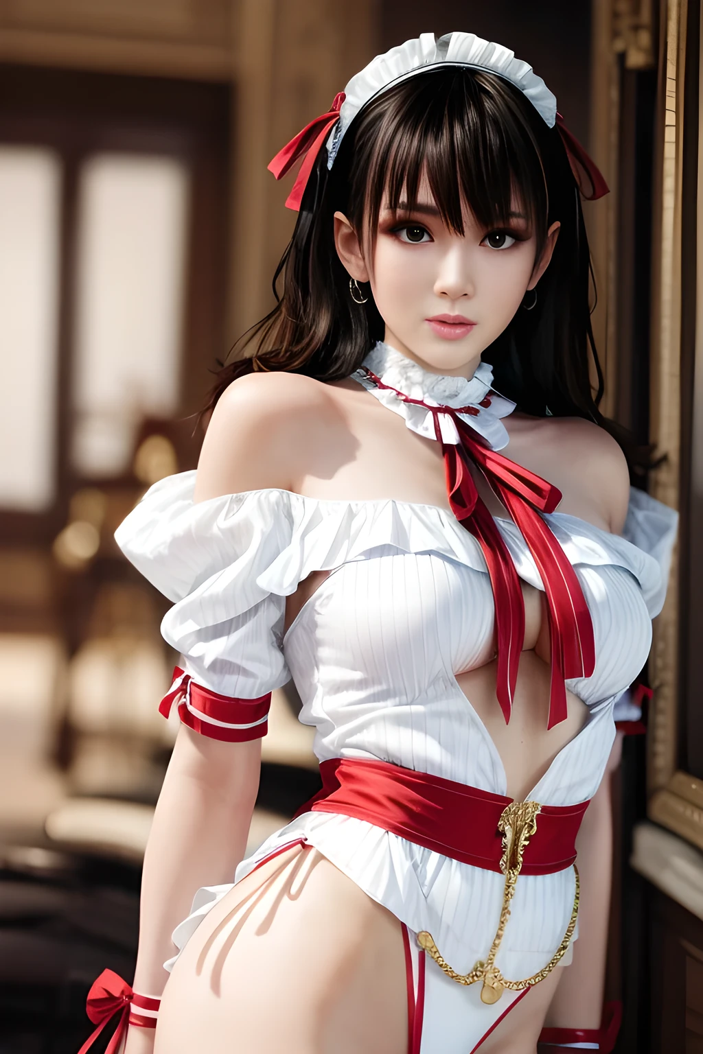 1girl,Wearing a traditional-style outfit. Her white blouse has ruffle details and embroidery, with red and white striped patterns on the sleeves and ribbon accents on the upper arms. The skirt is red with pleats and lace trims. There is a brown belt around the waist with floral embellishments and tassels, adding to the folkloric feel of the overall look. The outfit looks inspired by historical or folk costumes, with its intricate details and color combination,, beautiful detailed eyes, beautiful detailed lips, extremely detailed eyes and face, long eyelashes, best quality, 4k, 8k, highres, masterpiece, ultra-detailed, realistic, photorealistic, photo-realistic, ethereal glow, regal elegance, intricate details, luxurious, otherworldly beauty, dark atmospheric background, supernatural aura,tamaki