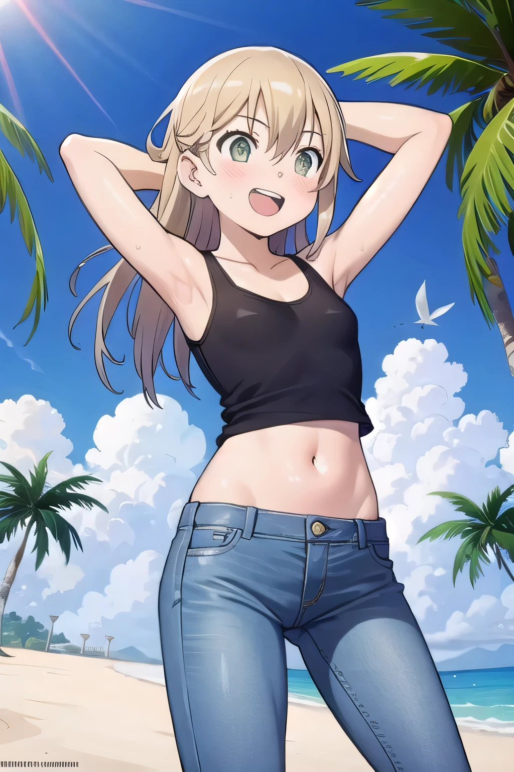 masterpiece,best quality,ultra detail, ((Perfect Face, Perfect Arms, Perfect hands, Perfect Fingers)), 1girl, , peti ((round face, ecstasy, orgasm face, drooping eyes, shame smiling, blush)), dropping eyes, sleepy, Open mouth, ((White teeth)), background((under the beach, (day:1.2), palm tree, bright sky)), maka albarn, green eyes, blonde hair, long hair, ((arms behind head, hands behind head, fingers behind head)), ((contrapposto)), spread armpits, looking at viewer,, (white tank top:1.2), (white crop top:1.2), (jeans pants:1.2, flares jeans:1.2, skinny jeans:1.2, blue jeans:1.2), standing, (legs spread:1.4), sex pose, Sweaty crotch, Steam from the crotch, from below, whole body