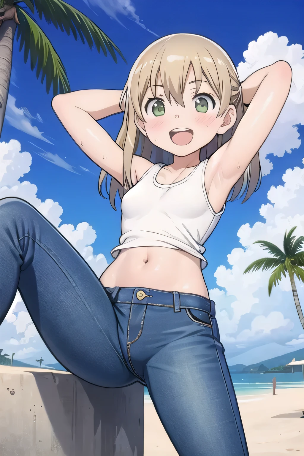 masterpiece,best quality,ultra detail, ((Perfect Face, Perfect Arms, Perfect hands, Perfect Fingers)), 1girl, , peti ((round face, ecstasy, orgasm face, drooping eyes, shame smiling, blush)), dropping eyes, sleepy, Open mouth, ((White teeth)), background((under the beach, (day:1.2), palm tree, bright sky)), maka albarn, green eyes, blonde hair, long hair, ((arms behind head, hands behind head, fingers behind head)), ((contrapposto)), spread armpits, looking at viewer,, (white tank top:1.2), (white crop top:1.2), (jeans pants:1.2, flares jeans:1.2, skinny jeans:1.2, blue jeans:1.2), standing, (legs spread:1.4), sex pose, Sweaty crotch, Steam from the crotch, from below, whole body