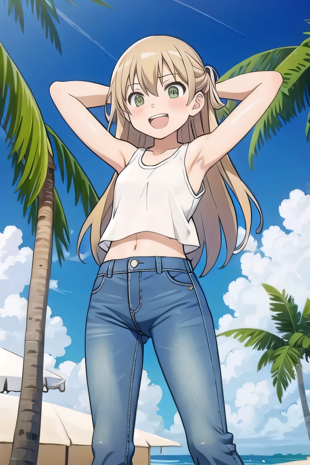 masterpiece,best quality,ultra detail, ((Perfect Face, Perfect Arms, Perfect hands, Perfect Fingers)), 1girl, , peti ((round face, ecstasy, orgasm face, drooping eyes, shame smiling, blush)), dropping eyes, sleepy, Open mouth, ((White teeth)), background((under the beach, (day:1.2), palm tree, bright sky)), maka albarn, green eyes, blonde hair, long hair, ((arms behind head, hands behind head, fingers behind head)), ((contrapposto)), spread armpits, looking at viewer,, (white tank top:1.2), (white crop top:1.2), (jeans pants:1.2, flares jeans:1.2, skinny jeans:1.2, blue jeans:1.2), standing, (legs spread:1.4), sex pose, Sweaty crotch, Steam from the crotch, from below, whole body