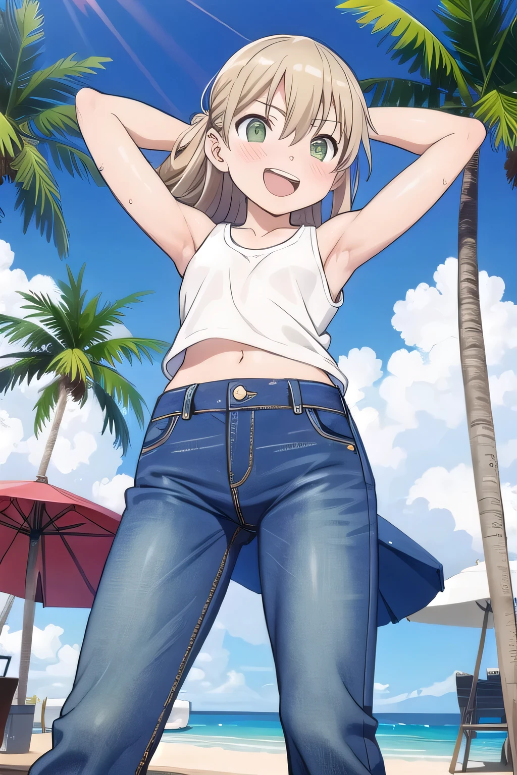 masterpiece,best quality,ultra detail, ((Perfect Face, Perfect Arms, Perfect hands, Perfect Fingers)), 1girl, , peti ((round face, ecstasy, orgasm face, drooping eyes, shame smiling, blush)), dropping eyes, sleepy, Open mouth, ((White teeth)), background((under the beach, (day:1.2), palm tree, bright sky)), maka albarn, green eyes, blonde hair, long hair, ((arms behind head, hands behind head, fingers behind head)), ((contrapposto)), spread armpits, looking at viewer,, (white tank top:1.2), (white crop top:1.2), (jeans pants:1.2, flares jeans:1.2, skinny jeans:1.2, blue jeans:1.2), standing, (legs spread:1.4), sex pose, Sweaty crotch, Steam from the crotch, from below, whole body