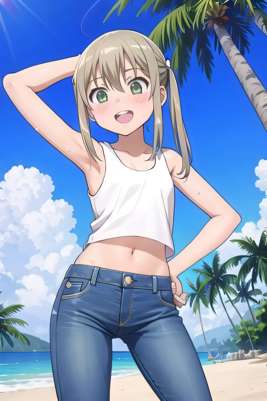 masterpiece,best quality,ultra detail, ((Perfect Face, Perfect Arms, Perfect hands, Perfect Fingers)), 1girl, , peti ((round face, ecstasy, orgasm face, drooping eyes, shame smiling, blush)), dropping eyes, sleepy, Open mouth, ((White teeth)), background((under the beach, (day:1.2), palm tree, bright sky)), maka albarn, green eyes, blonde hair, long hair, ((arms behind head, hands behind head, fingers behind head)), ((contrapposto)), spread armpits, looking at viewer,, (white tank top:1.2), (white crop top:1.2), (jeans pants:1.2, flares jeans:1.2, skinny jeans:1.2, blue jeans:1.2), standing, (legs spread:1.4), sex pose, Sweaty crotch, Steam from the crotch, from below, whole body