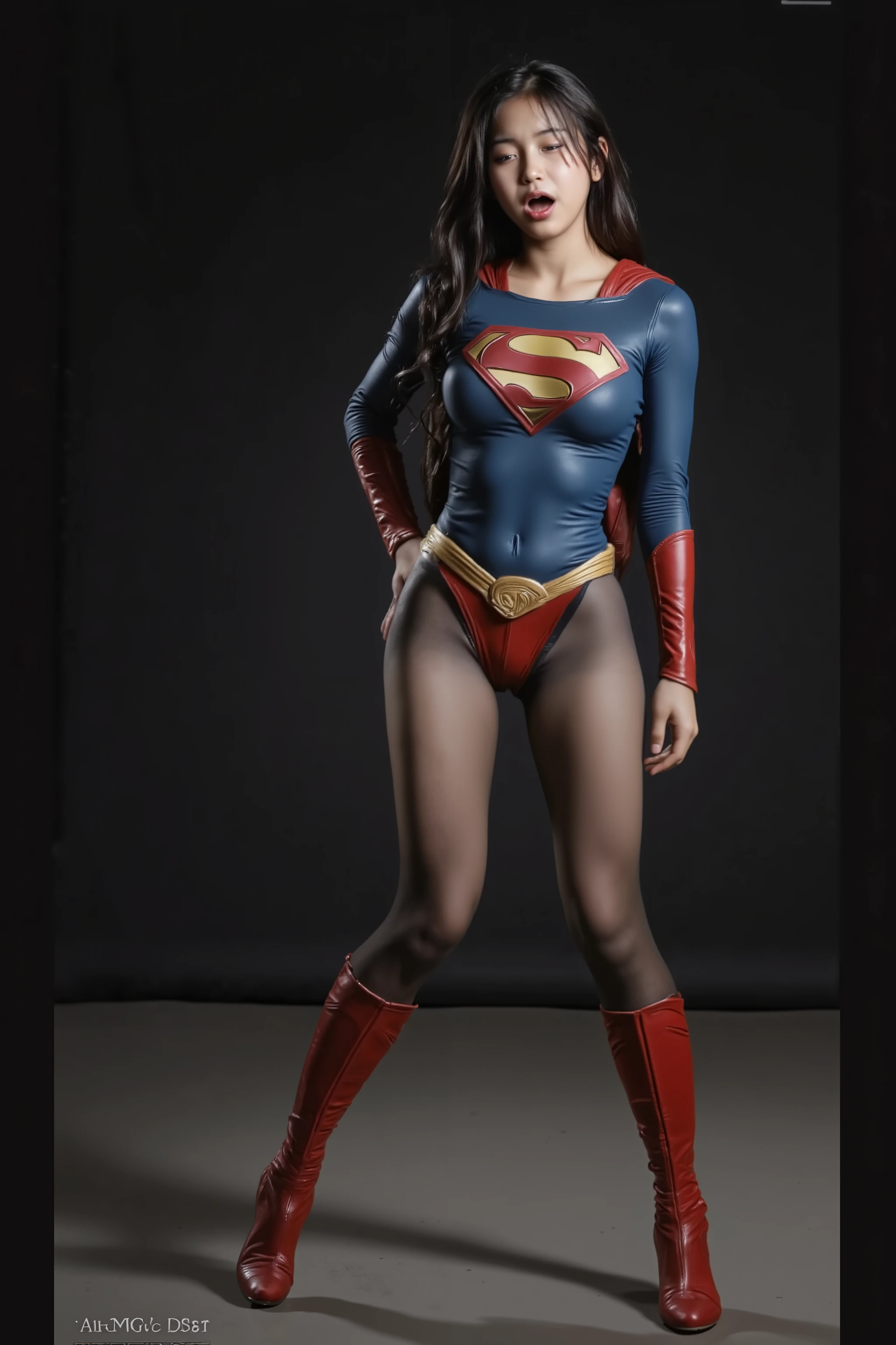 ((( eye closed )))、Cry、pain、 and torture 、 orgasms 、 orgasms ingface、 Strangling is done by opening your mouth and putting on stockings 、background 、Draw both legs、((( Express beautiful legs .)))、((( beautiful black hair)))、((( Legally express the beauty of suffering )))、(((( make the most of the original image )))、((( Beautiful Legs Supergirl Costume )))、(((Fitted Supergirl Costume for Beautiful Legs )))、((( beautiful hair)))、((( Crypain )))、((( wear black tights ....、Wear red boots)))、(( top quality、8k))、(( top quality、8k、 Masterpiece:1.3))、(((Save the background )))、 Strong concentration:1.2、 slim abs :1.2、 wet body:1.5、 High Resolution Face and Skin Textures 、8k aperture F2 .8,
