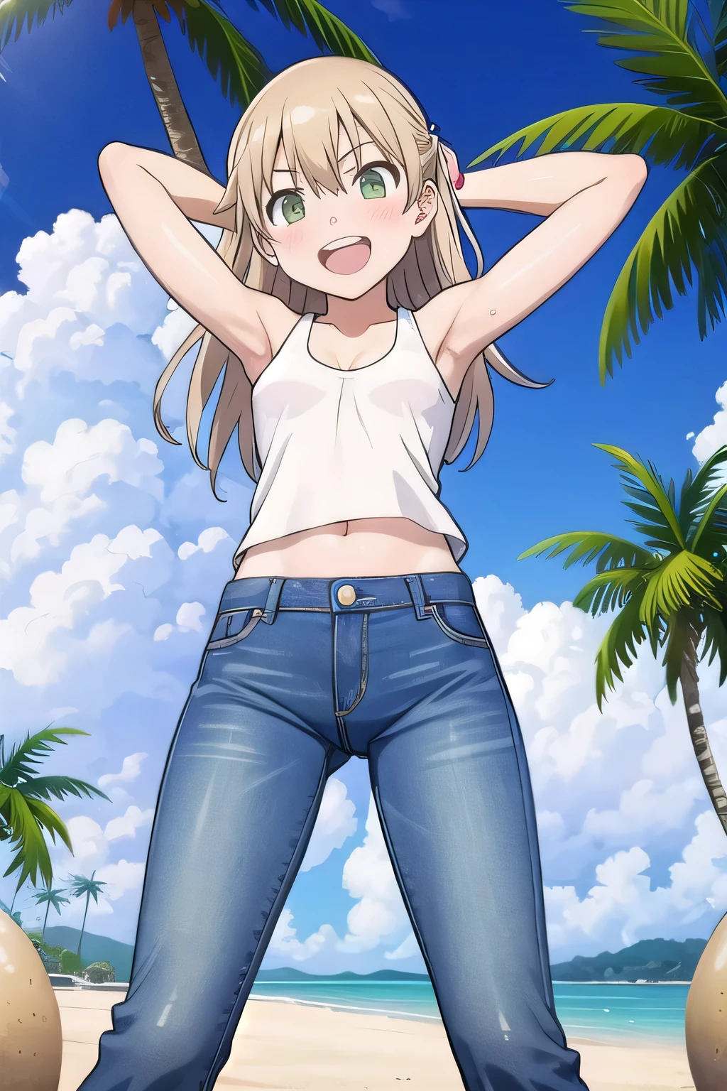 masterpiece,best quality,ultra detail, ((Perfect Face, Perfect Arms, Perfect hands, Perfect Fingers)), 1girl, , peti ((round face, ecstasy, orgasm face, drooping eyes, shame smiling, blush)), dropping eyes, sleepy, Open mouth, ((White teeth)), background((under the beach, (day:1.2), palm tree, bright sky)), maka albarn, green eyes, blonde hair, long hair, ((arms behind head, hands behind head, fingers behind head)), ((contrapposto)), spread armpits, looking at viewer,, (white tank top:1.2), (white crop top:1.2), (jeans pants:1.2, flares jeans:1.2, skinny jeans:1.2, blue jeans:1.2), standing, (legs spread:1.4), sex pose, Sweaty crotch, Steam from the crotch, from below, whole body