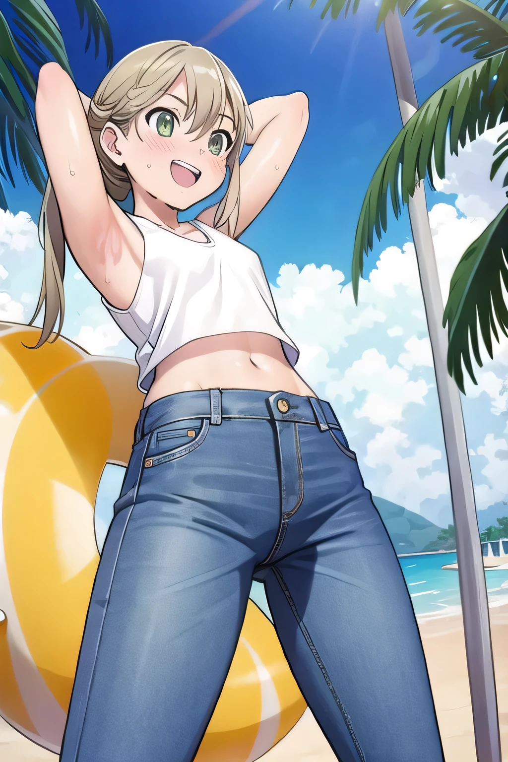 masterpiece,best quality,ultra detail, ((Perfect Face, Perfect Arms, Perfect hands, Perfect Fingers)), 1girl, , peti ((round face, ecstasy, orgasm face, drooping eyes, shame smiling, blush)), dropping eyes, sleepy, Open mouth, ((White teeth)), background((under the beach, (day:1.2), palm tree, bright sky)), maka albarn, green eyes, blonde hair, long hair, ((arms behind head, hands behind head, fingers behind head)), ((contrapposto)), spread armpits, looking at viewer,, (white tank top:1.2), (white crop top:1.2), (jeans pants:1.2, flares jeans:1.2, skinny jeans:1.2, blue jeans:1.2), standing, (legs spread:1.4), sex pose, Sweaty crotch, Steam from the crotch, from below, whole body