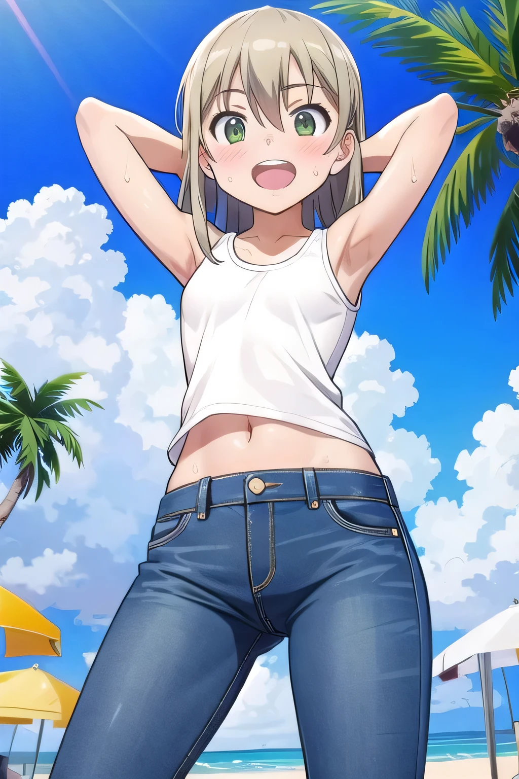 masterpiece,best quality,ultra detail, ((Perfect Face, Perfect Arms, Perfect hands, Perfect Fingers)), 1girl, , peti ((round face, ecstasy, orgasm face, drooping eyes, shame smiling, blush)), dropping eyes, sleepy, Open mouth, ((White teeth)), background((under the beach, (day:1.2), palm tree, bright sky)), maka albarn, green eyes, blonde hair, long hair, ((arms behind head, hands behind head, fingers behind head)), ((contrapposto)), spread armpits, looking at viewer,, (white tank top:1.2), (white crop top:1.2), (jeans pants:1.2, flares jeans:1.2, skinny jeans:1.2, blue jeans:1.2), standing, (legs spread:1.4), sex pose, Sweaty crotch, Steam from the crotch, from below, whole body