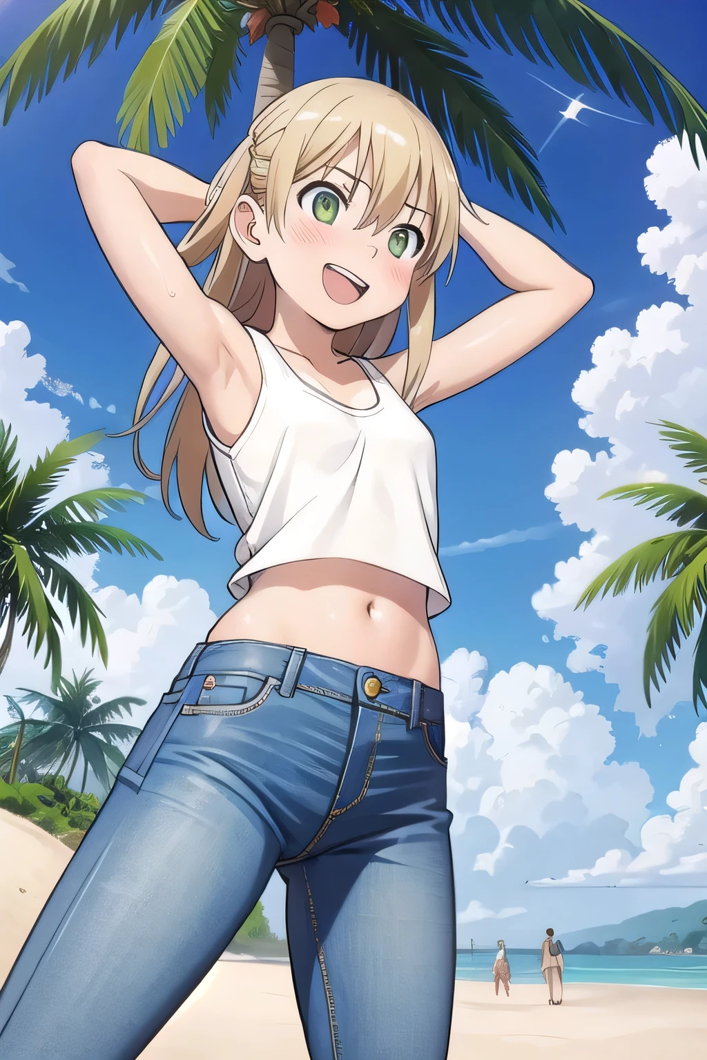 masterpiece,best quality,ultra detail, ((Perfect Face, Perfect Arms, Perfect hands, Perfect Fingers)), 1girl, , peti ((round face, ecstasy, orgasm face, drooping eyes, shame smiling, blush)), dropping eyes, sleepy, Open mouth, ((White teeth)), background((under the beach, (day:1.2), palm tree, bright sky)), maka albarn, green eyes, blonde hair, long hair, ((arms behind head, hands behind head, fingers behind head)), ((contrapposto)), spread armpits, looking at viewer,, (white tank top:1.2), (white crop top:1.2), (jeans pants:1.2, flares jeans:1.2, skinny jeans:1.2, blue jeans:1.2), standing, (legs spread:1.4), sex pose, Sweaty crotch, Steam from the crotch, from below, whole body