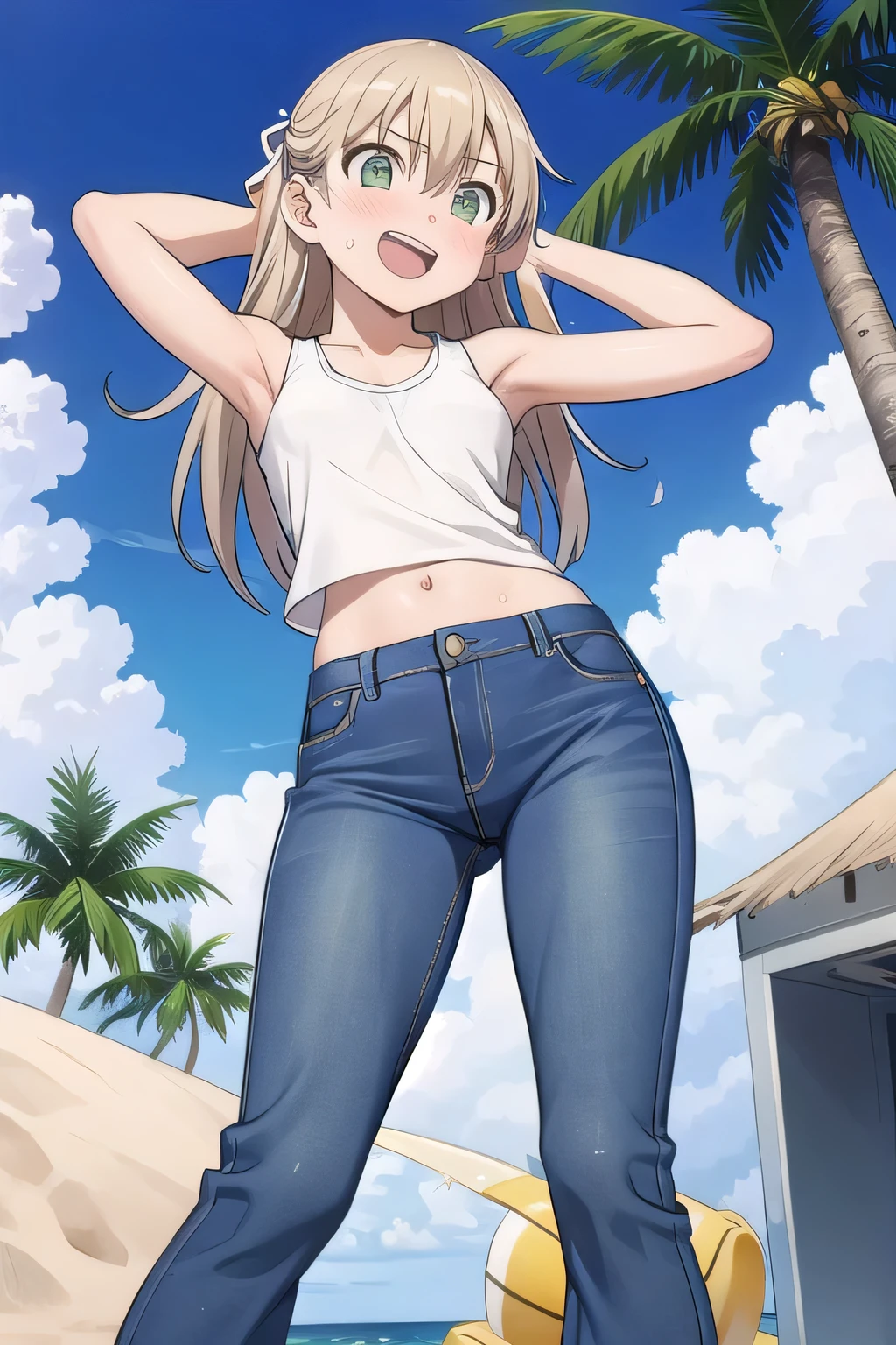 masterpiece,best quality,ultra detail, ((Perfect Face, Perfect Arms, Perfect hands, Perfect Fingers)), 1girl, , peti ((round face, ecstasy, orgasm face, drooping eyes, shame smiling, blush)), dropping eyes, sleepy, Open mouth, ((White teeth)), background((under the beach, (day:1.2), palm tree, bright sky)), maka albarn, green eyes, blonde hair, long hair, ((arms behind head, hands behind head, fingers behind head)), ((contrapposto)), spread armpits, looking at viewer,, (white tank top:1.2), (white crop top:1.2), (jeans pants:1.2, flares jeans:1.2, skinny jeans:1.2, blue jeans:1.2), standing, (legs spread:1.4), sex pose, Sweaty crotch, Steam from the crotch, from below, whole body