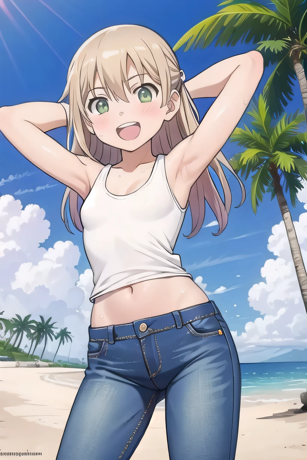 masterpiece,best quality,ultra detail, ((Perfect Face, Perfect Arms, Perfect hands, Perfect Fingers)), 1girl, , peti ((round face, ecstasy, orgasm face, drooping eyes, shame smiling, blush)), dropping eyes, sleepy, Open mouth, ((White teeth)), background((under the beach, (day:1.2), palm tree, bright sky)), maka albarn, green eyes, blonde hair, long hair, ((arms behind head, hands behind head, fingers behind head)), ((contrapposto)), spread armpits, looking at viewer,, (white tank top:1.2), (white crop top:1.2), (jeans pants:1.2, flares jeans:1.2, skinny jeans:1.2, blue jeans:1.2), standing, (legs spread:1.4), sex pose, Sweaty crotch, Steam from the crotch, from below, whole body