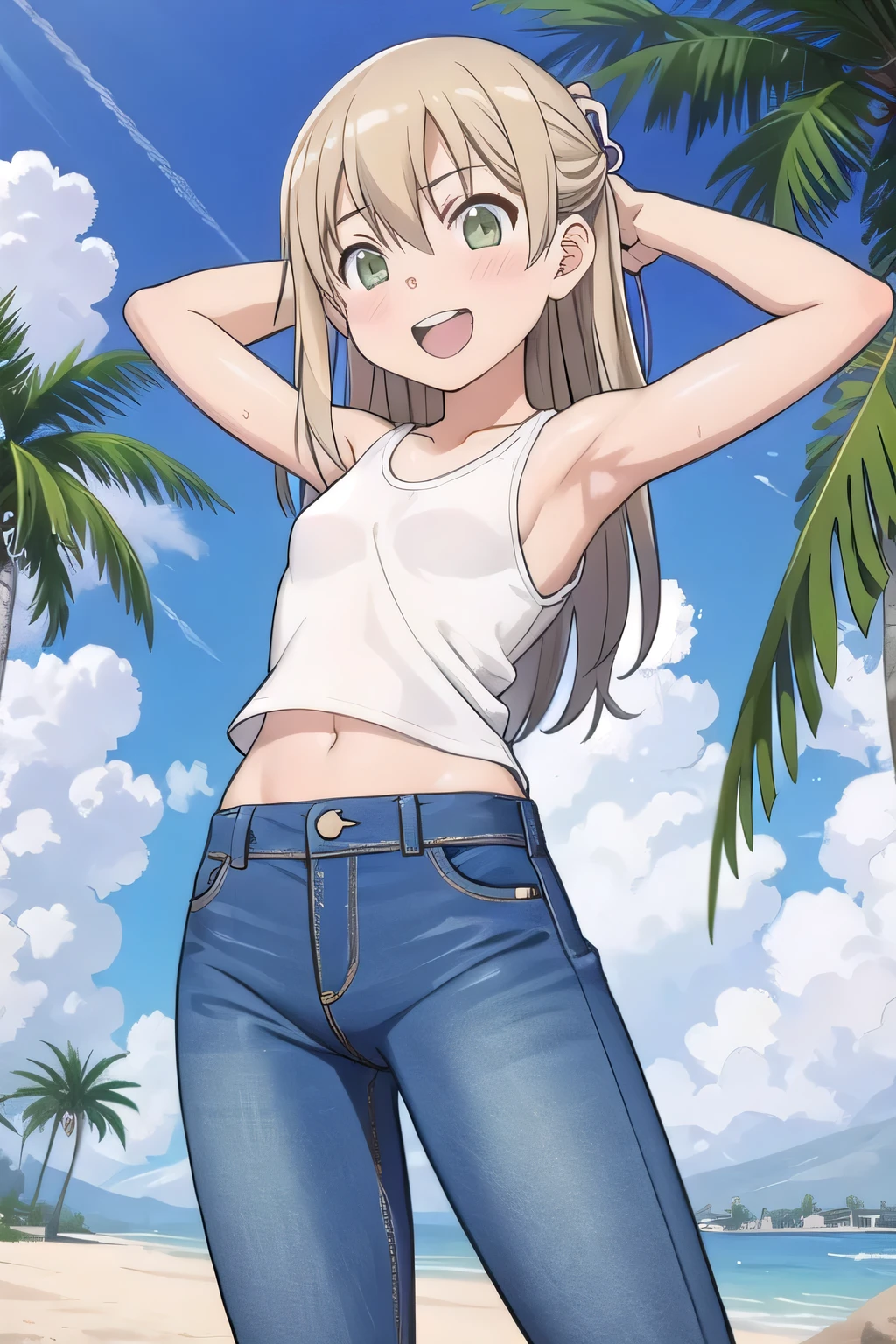 masterpiece,best quality,ultra detail, ((Perfect Face, Perfect Arms, Perfect hands, Perfect Fingers)), 1girl, , peti ((round face, ecstasy, orgasm face, drooping eyes, shame smiling, blush)), dropping eyes, sleepy, Open mouth, ((White teeth)), background((under the beach, (day:1.2), palm tree, bright sky)), maka albarn, green eyes, blonde hair, long hair, ((arms behind head, hands behind head, fingers behind head)), ((contrapposto)), spread armpits, looking at viewer,, (white tank top:1.2), (white crop top:1.2), (jeans pants:1.2, flares jeans:1.2, skinny jeans:1.2, blue jeans:1.2), standing, (legs spread:1.4), sex pose, Sweaty crotch, Steam from the crotch, from below, whole body
