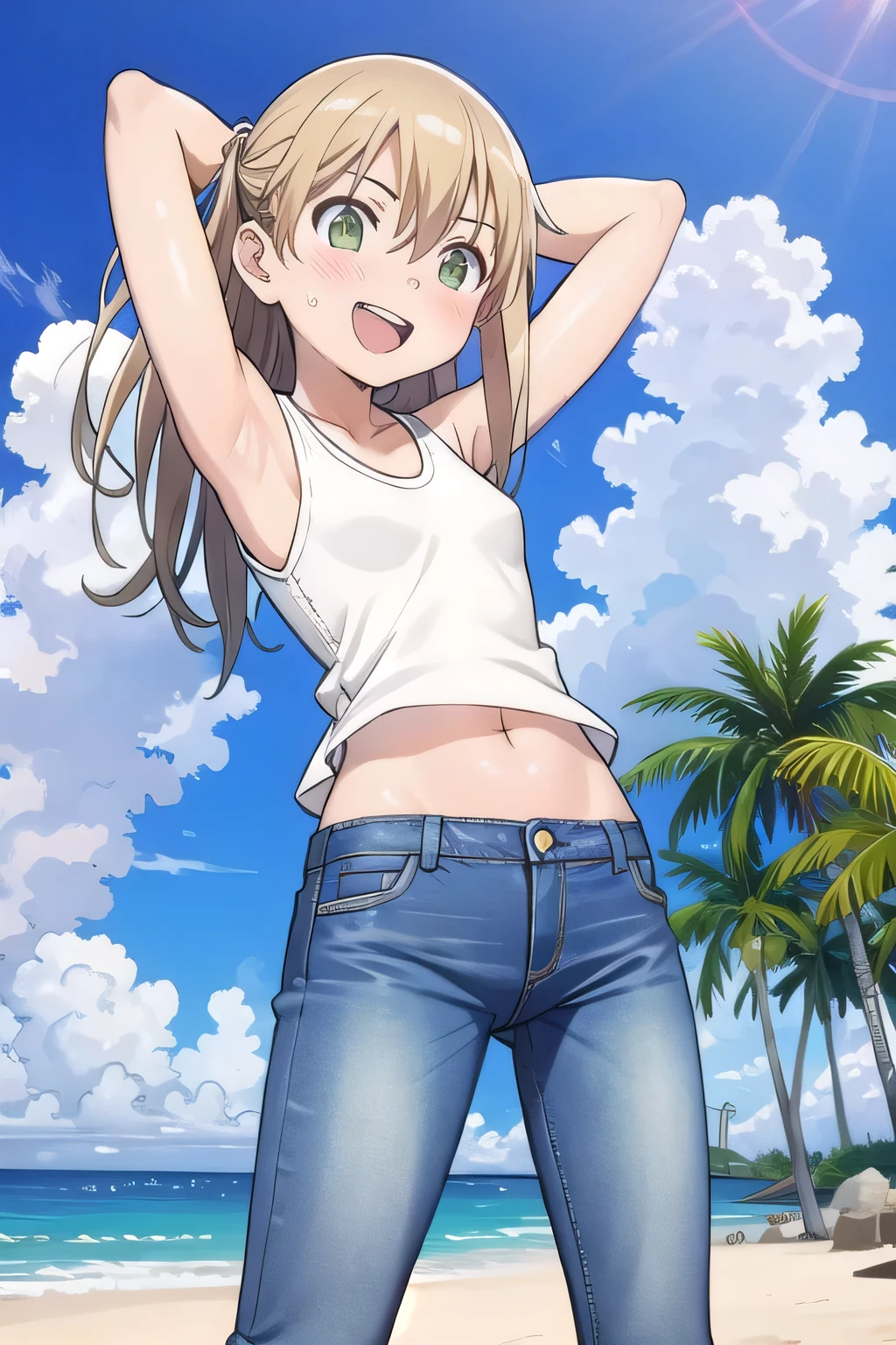 masterpiece,best quality,ultra detail, ((Perfect Face, Perfect Arms, Perfect hands, Perfect Fingers)), 1girl, , peti ((round face, ecstasy, orgasm face, drooping eyes, shame smiling, blush)), dropping eyes, sleepy, Open mouth, ((White teeth)), background((under the beach, (day:1.2), bright sky)), maka albarn, green eyes, blonde hair, long hair, ((arms behind head, hands behind head, fingers behind head)), ((contrapposto)), spread armpits, looking at viewer,, (white tank top:1.2), (white crop top:1.2), (jeans pants:1.2, flares jeans:1.2, skinny jeans:1.2, blue jeans:1.2), standing, (legs spread:1.4), sex pose, Sweaty crotch, Steam from the crotch, from below, whole body